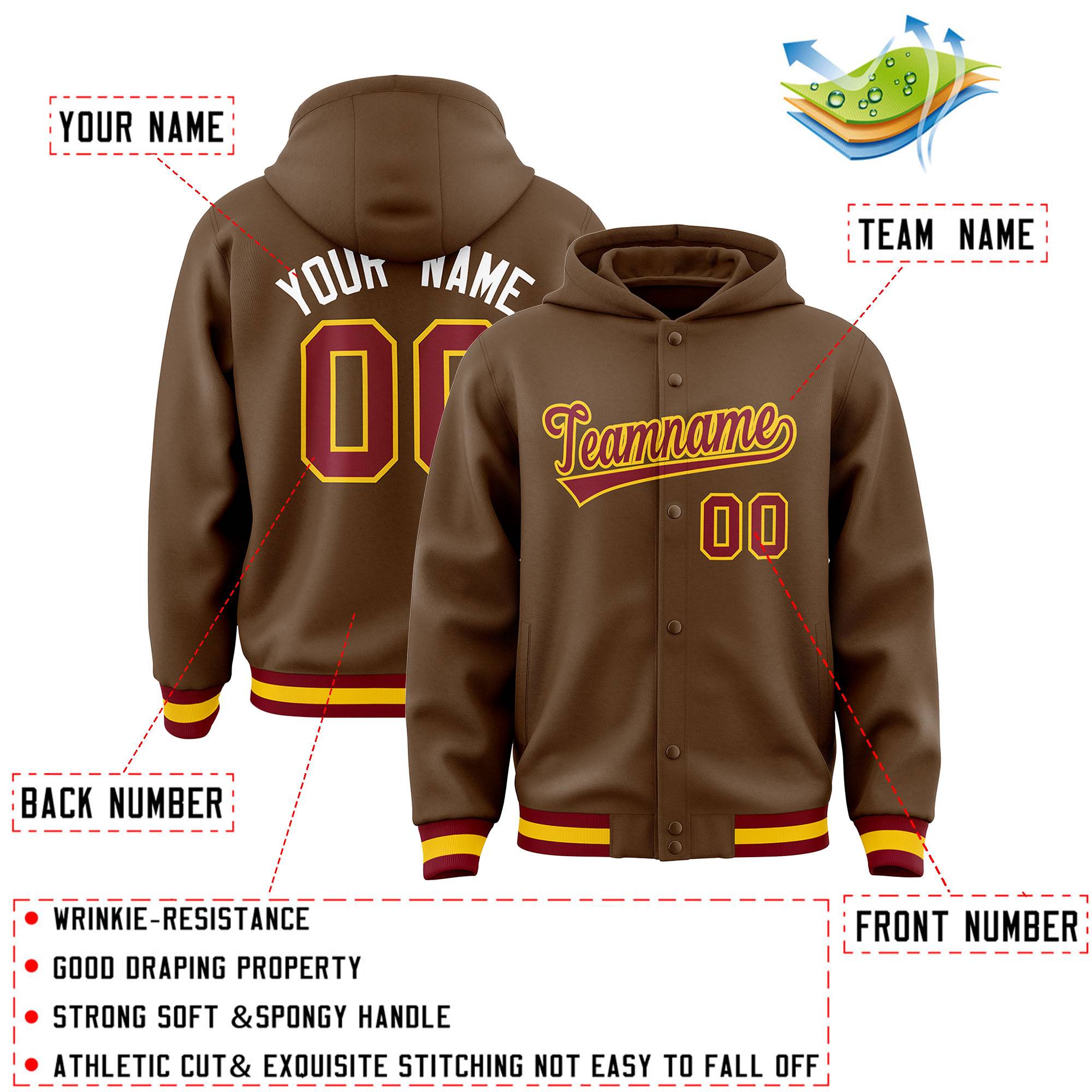 Custom Light Brown Crimson-Gold Varsity Full-Snap Letterman Classic Hoodie Jacket