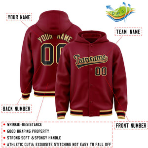 Custom Crimson Black-Khaki Varsity Full-Snap Letterman Classic Hoodie Jacket