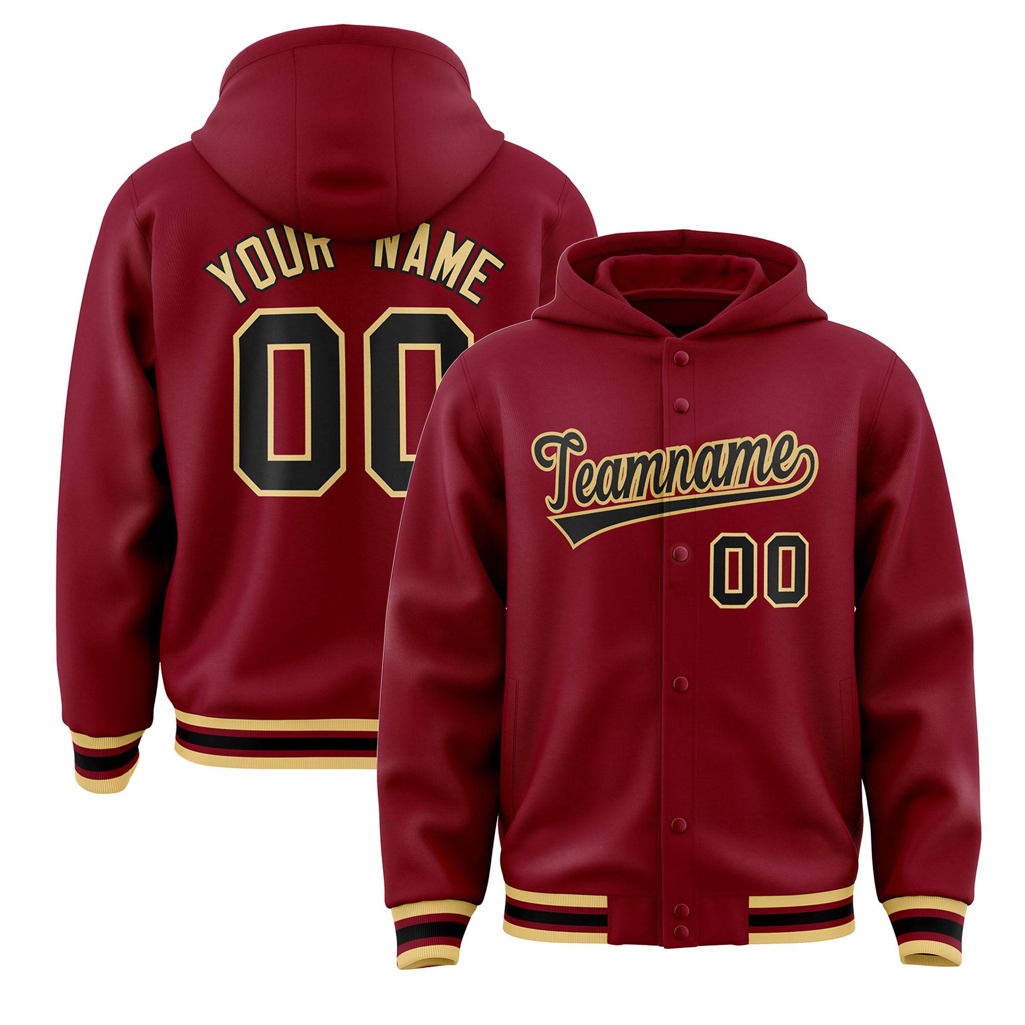 Custom Crimson Black-Khaki Varsity Full-Snap Letterman Classic Hoodie Jacket