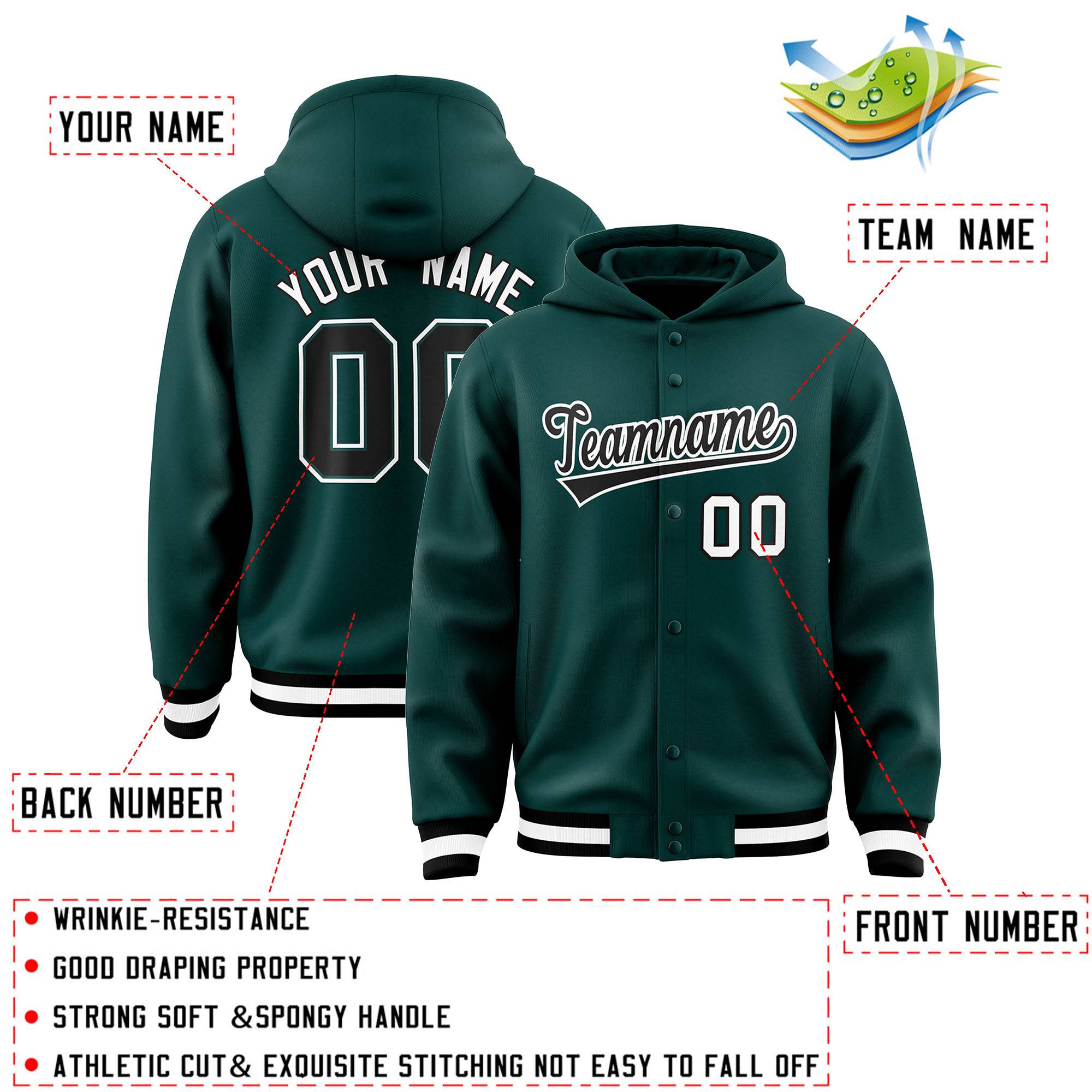 Custom Midnight Green Black-White Varsity Full-Snap Letterman Classic Hoodie Jacket