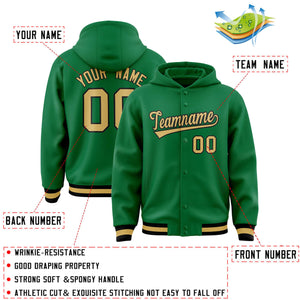 Custom Kelly Green Old Gold-Black Varsity Full-Snap Letterman Classic Hoodie Jacket