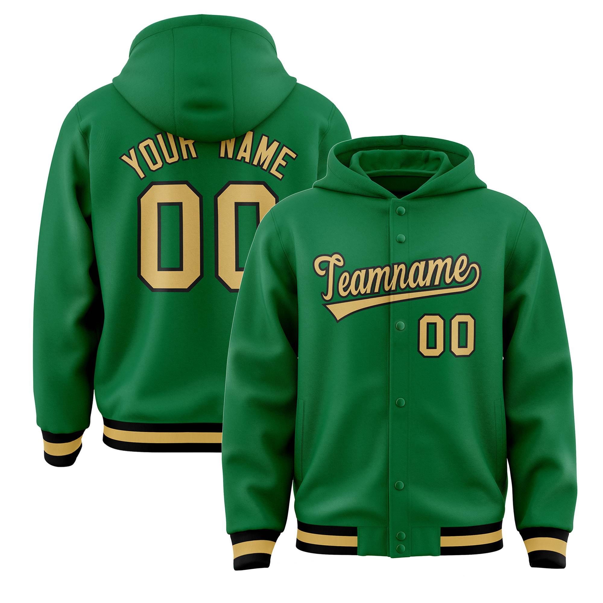 Custom Kelly Green Old Gold-Black Varsity Full-Snap Letterman Classic Hoodie Jacket