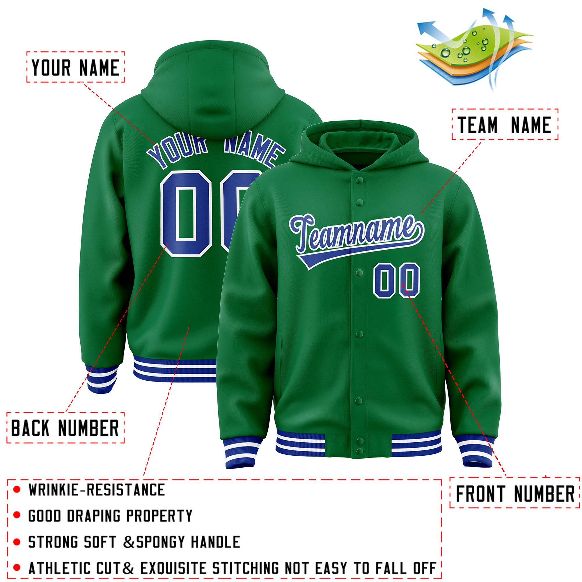 Custom Kelly Green Royal-White Varsity Full-Snap Letterman Classic Hoodie Jacket