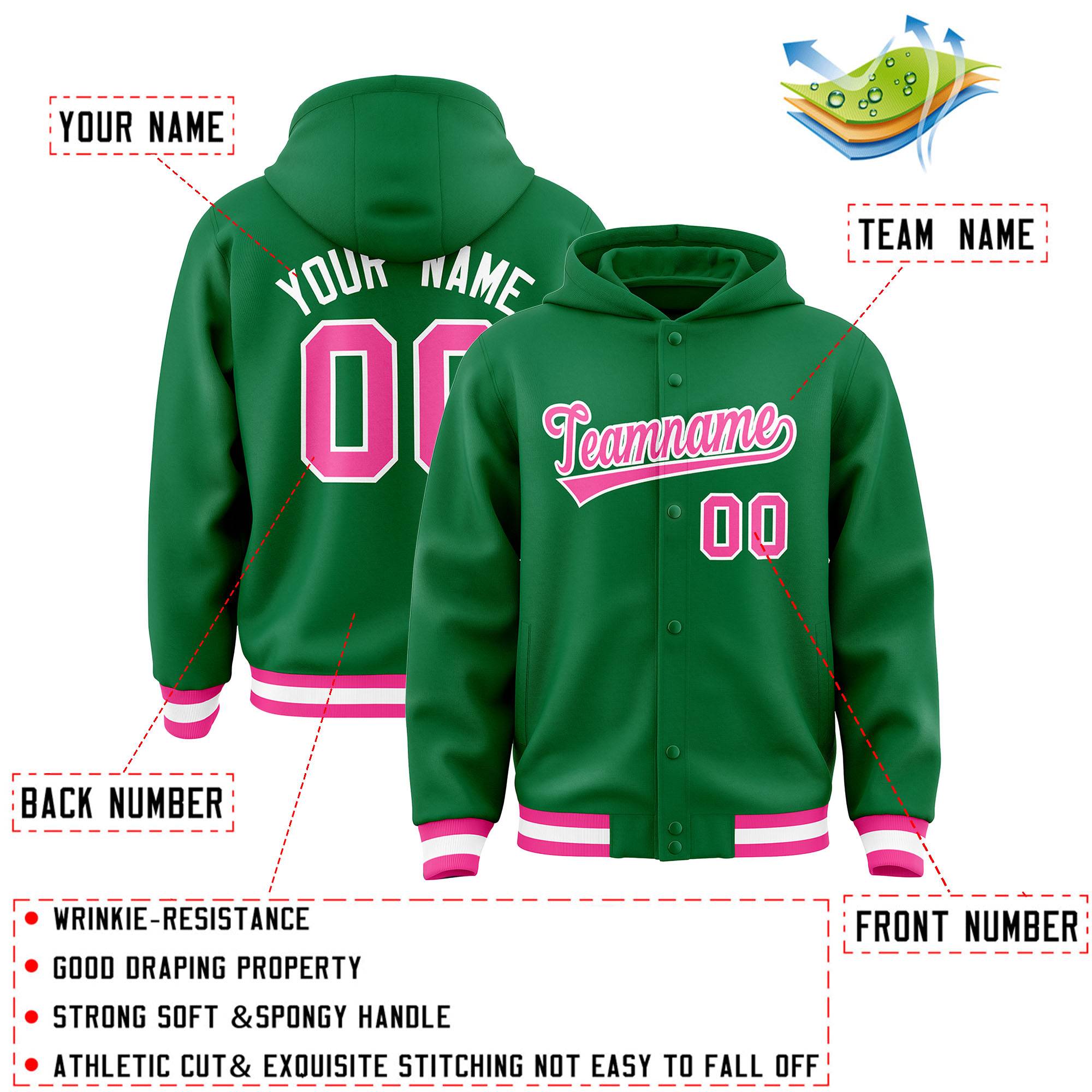 Custom Kelly Green Pink-White Varsity Full-Snap Letterman Classic Hoodie Jacket