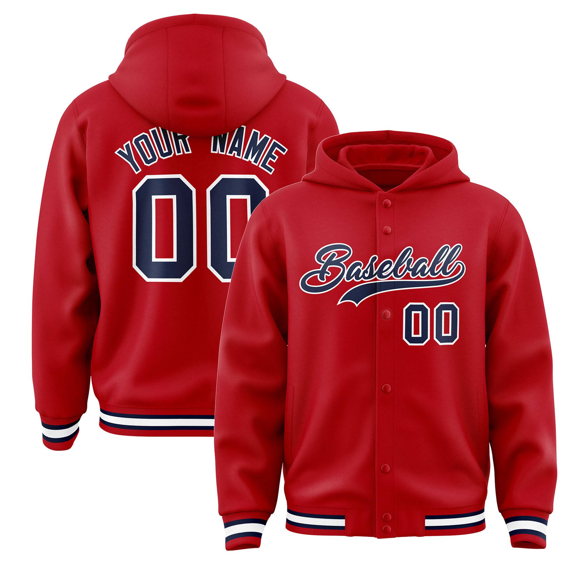 Custom Red Navy-White Varsity Full-Snap Letterman Classic Hoodie Jacket