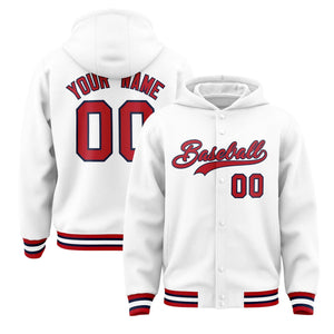 Custom White Red-Navy Varsity Full-Snap Letterman Classic Hoodie Jacket