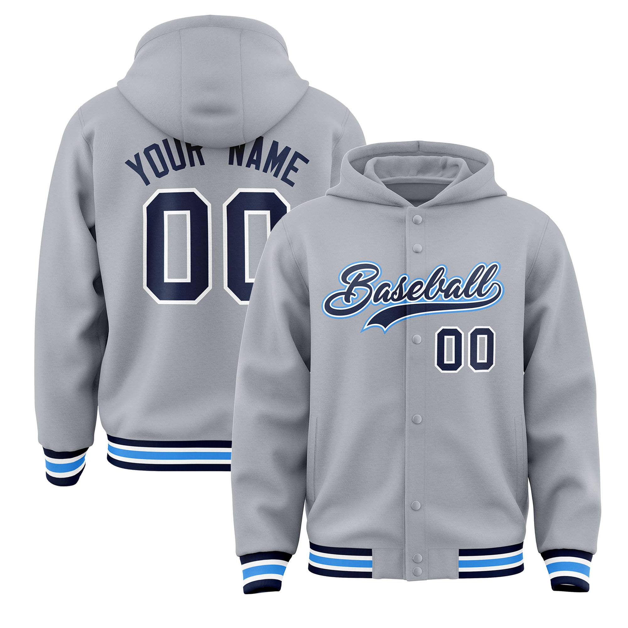 Custom Gray Navy-White Varsity Full-Snap Letterman Classic Hoodie Jacket