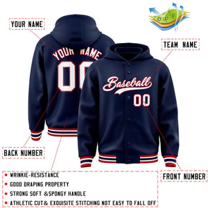 Custom Navy White-Red Varsity Full-Snap Letterman Classic Hoodie Jacket