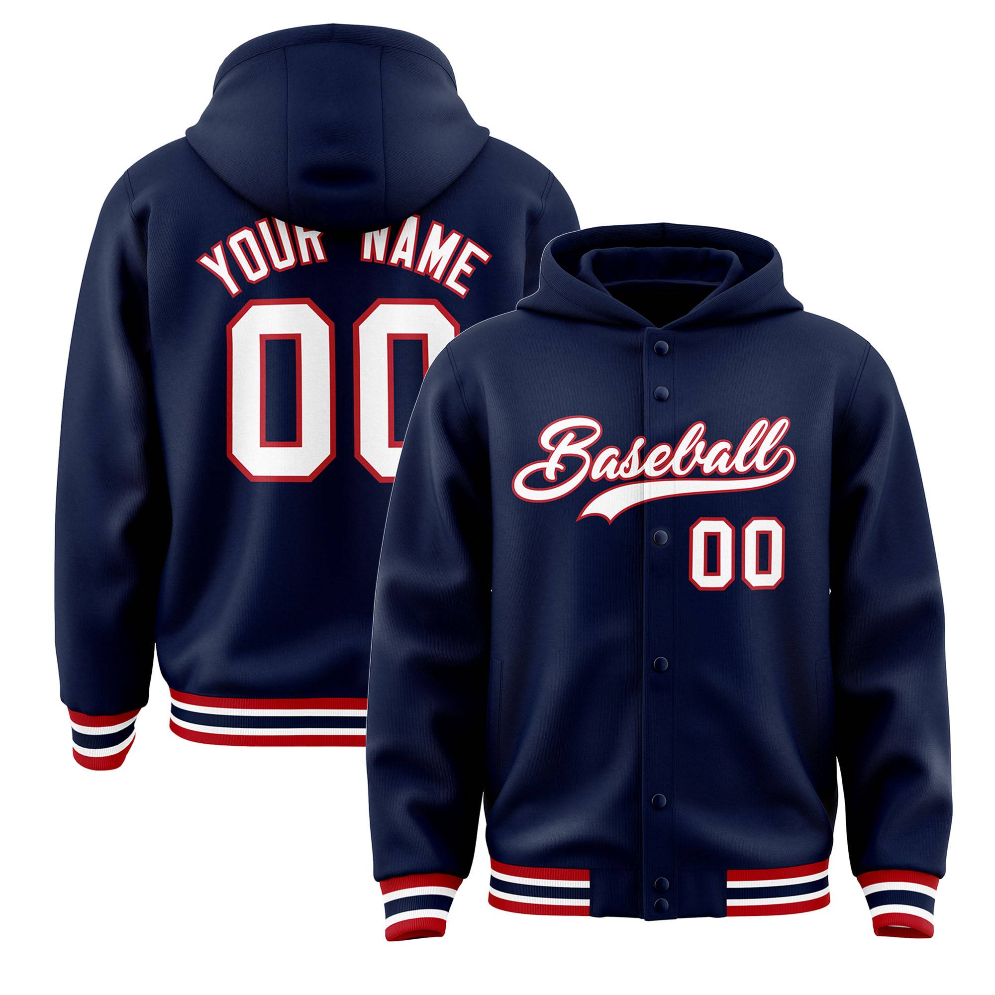 Custom Navy White-Red Varsity Full-Snap Letterman Classic Hoodie Jacket