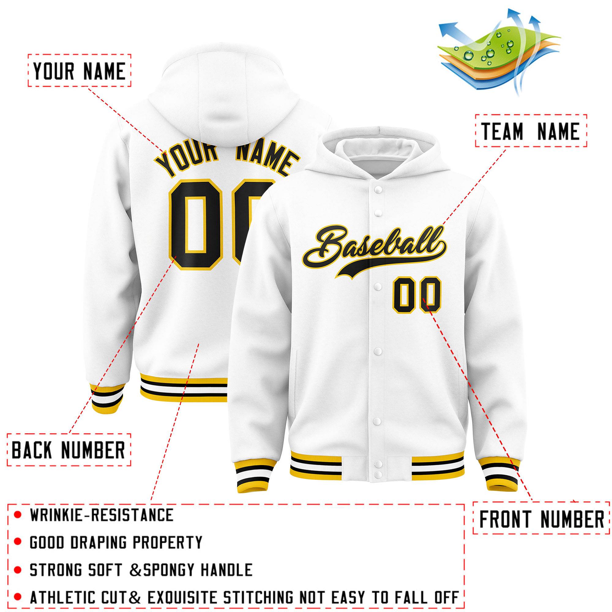 Custom White Black-Gold Varsity Full-Snap Letterman Classic Hoodie Jacket