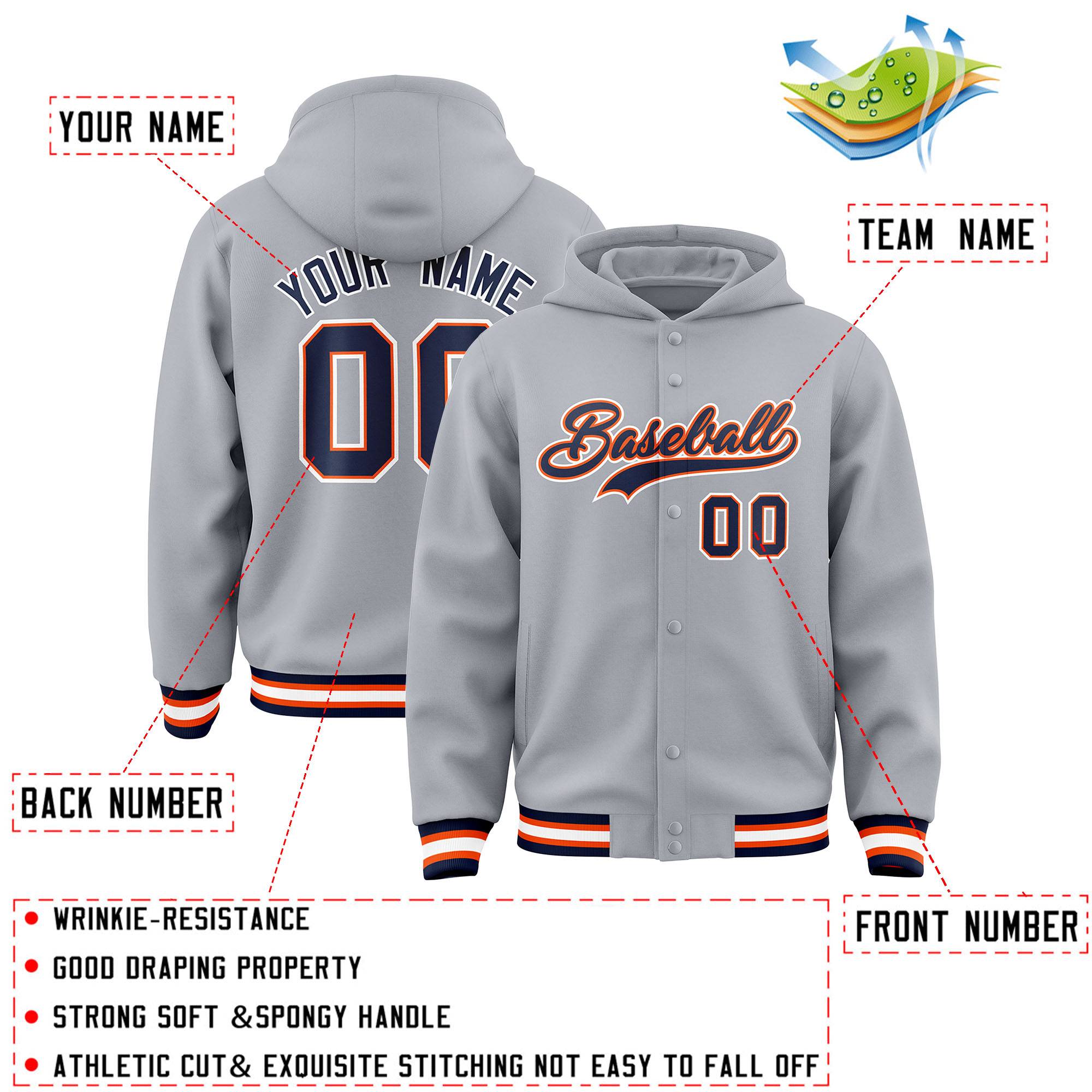 Custom Gray Navy-Orange Varsity Full-Snap Letterman Classic Hoodie Jacket