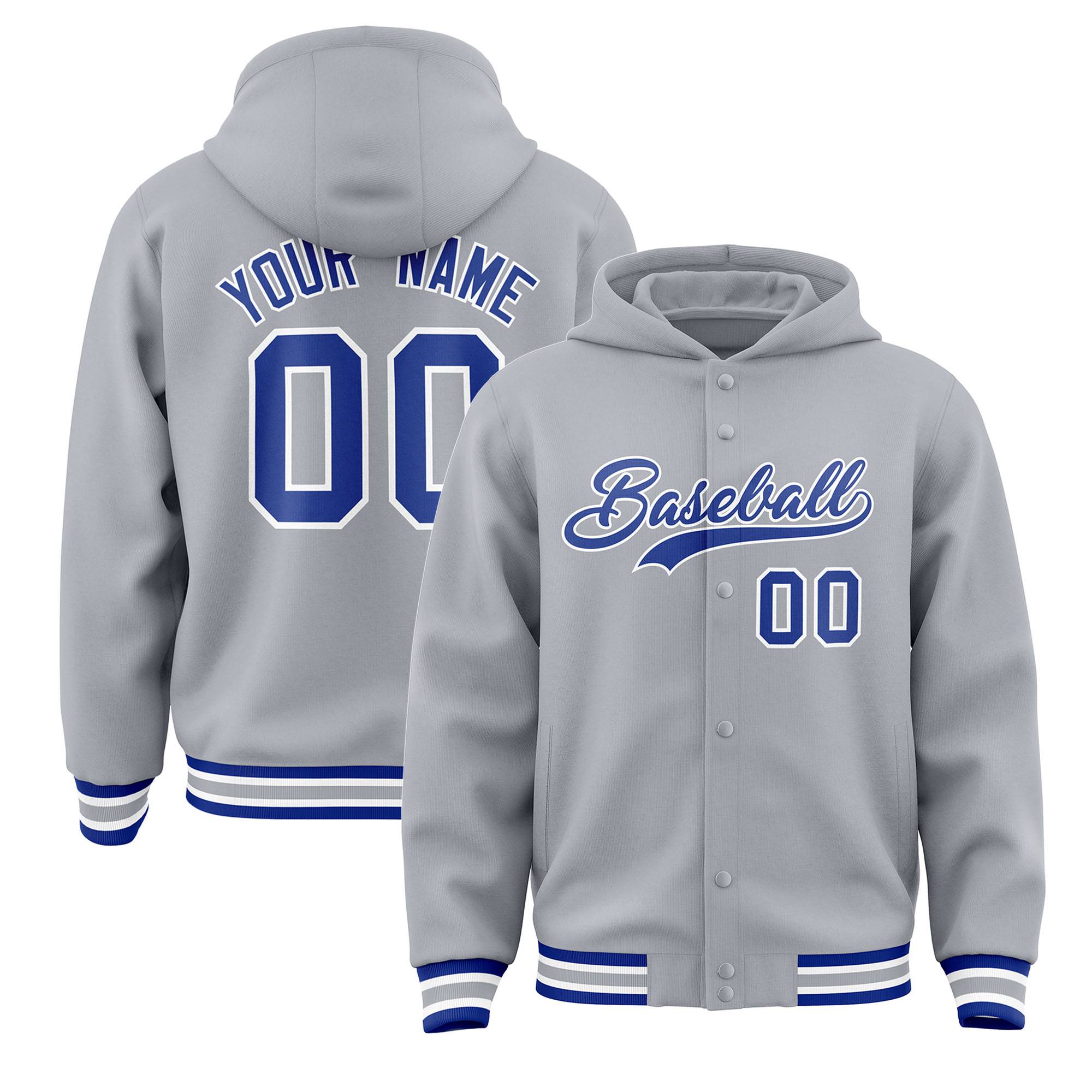 Custom Gray Royal-White Varsity Full-Snap Letterman Classic Hoodie Jacket