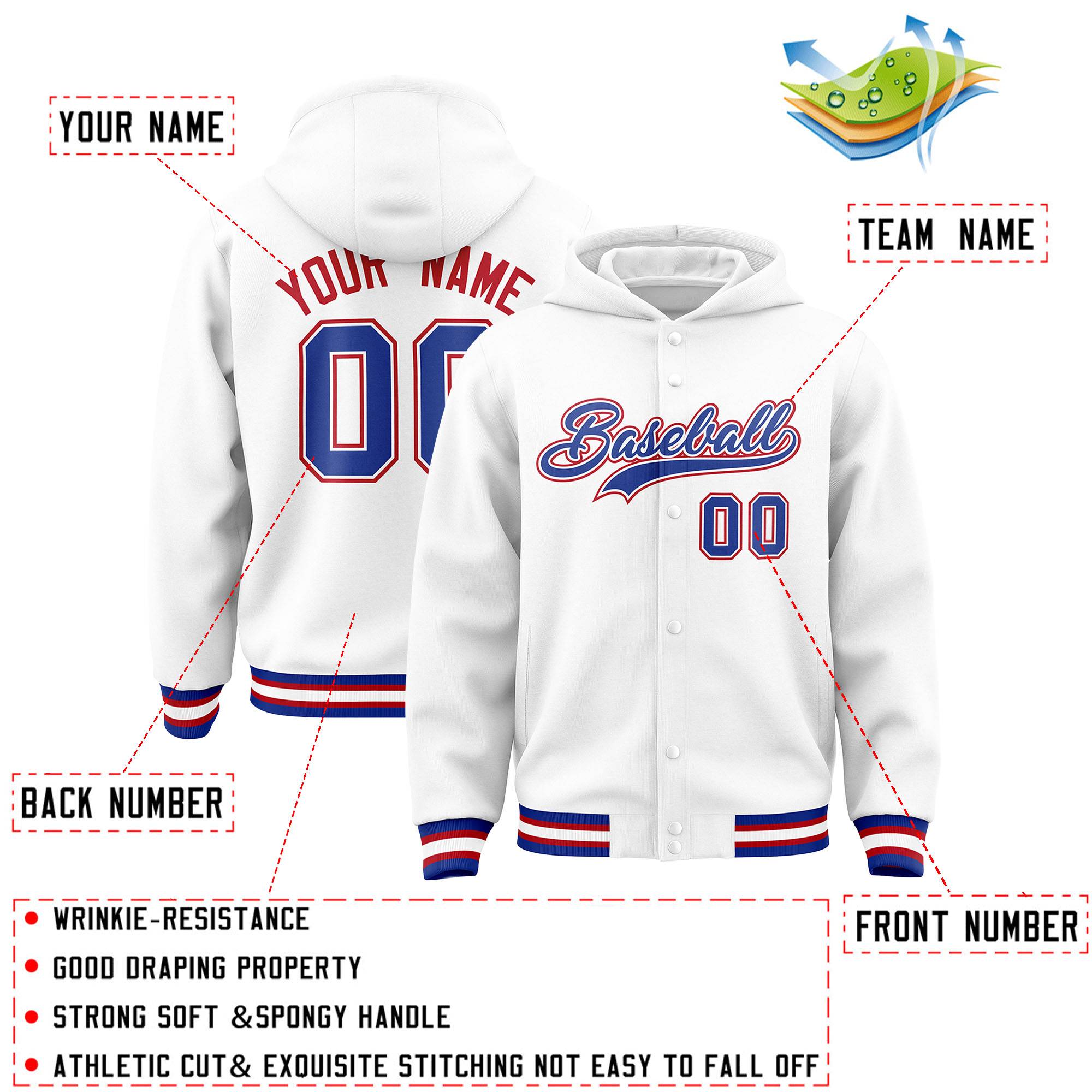 Custom White Royal-White Varsity Full-Snap Letterman Classic Hoodie Jacket