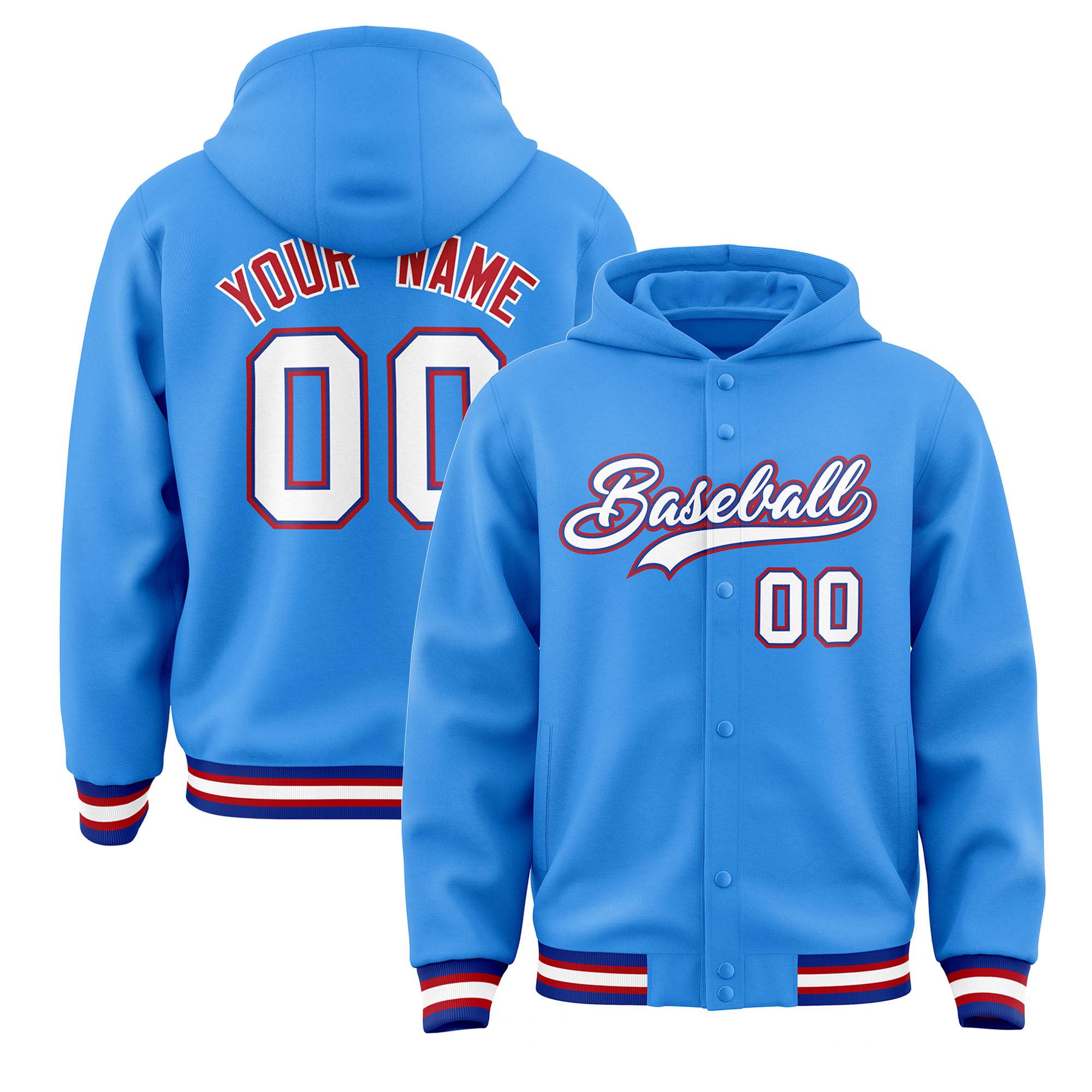 Custom Powder Blue White-Royal Varsity Full-Snap Letterman Classic Hoodie Jacket