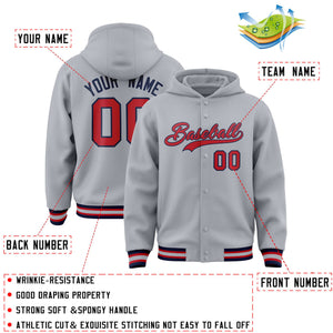 Custom Gray Red-Navy Varsity Full-Snap Letterman Classic Hoodie Jacket