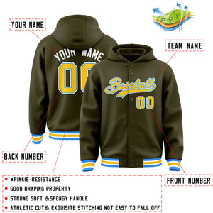 Custom Olive Gold-Powder Blue Varsity Full-Snap Letterman Classic Hoodie Jacket