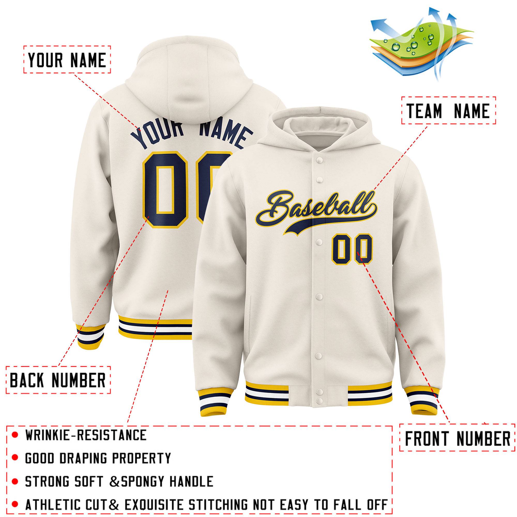 Custom Cream Navy-Gold Varsity Full-Snap Letterman Classic Hoodie Jacket