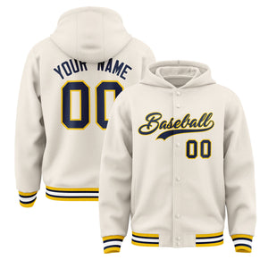 Custom Cream Navy-Gold Varsity Full-Snap Letterman Classic Hoodie Jacket