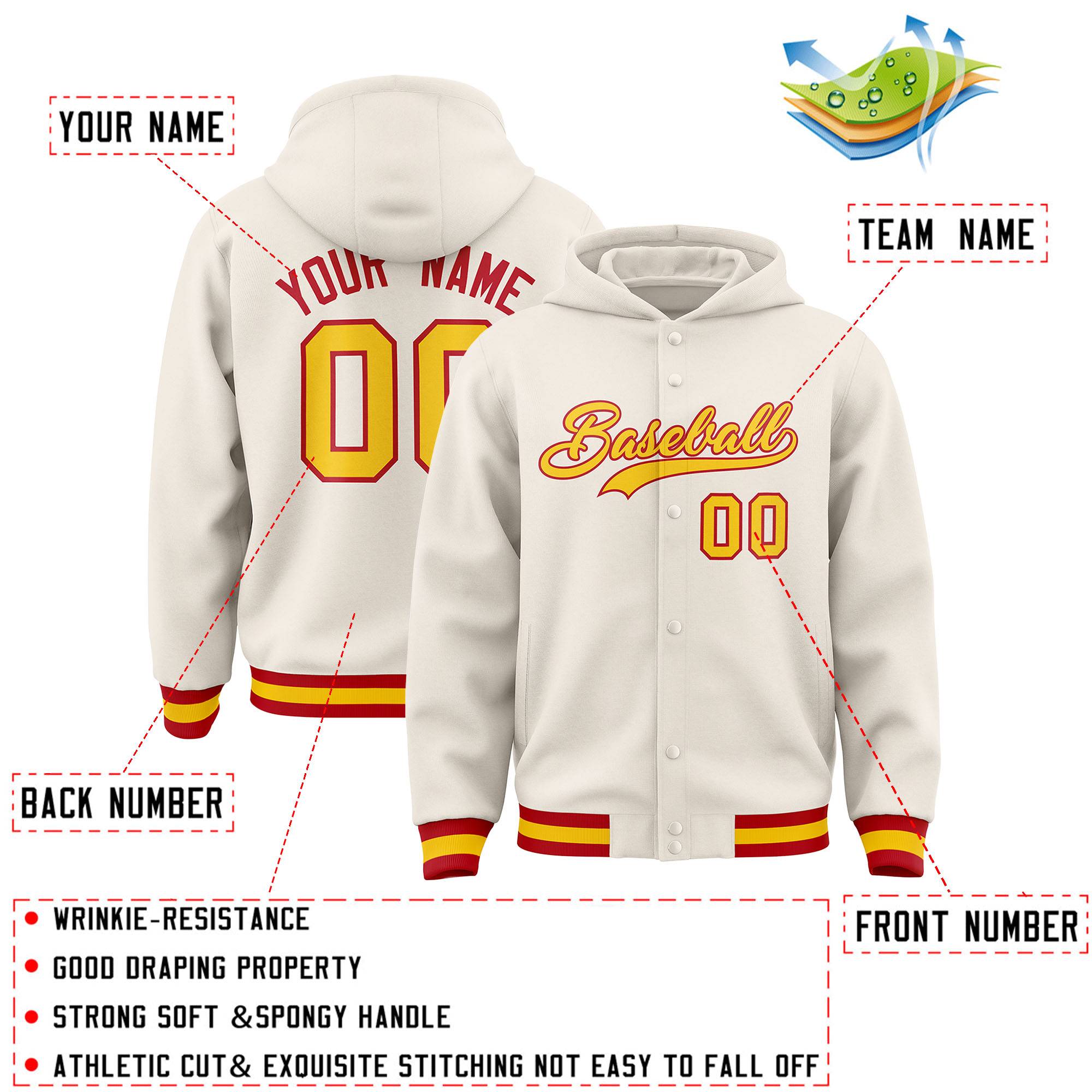 Custom Cream Gold-Red Varsity Full-Snap Letterman Classic Hoodie Jacket