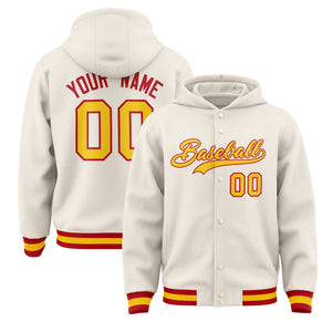 Custom Cream Gold-Red Varsity Full-Snap Letterman Classic Hoodie Jacket