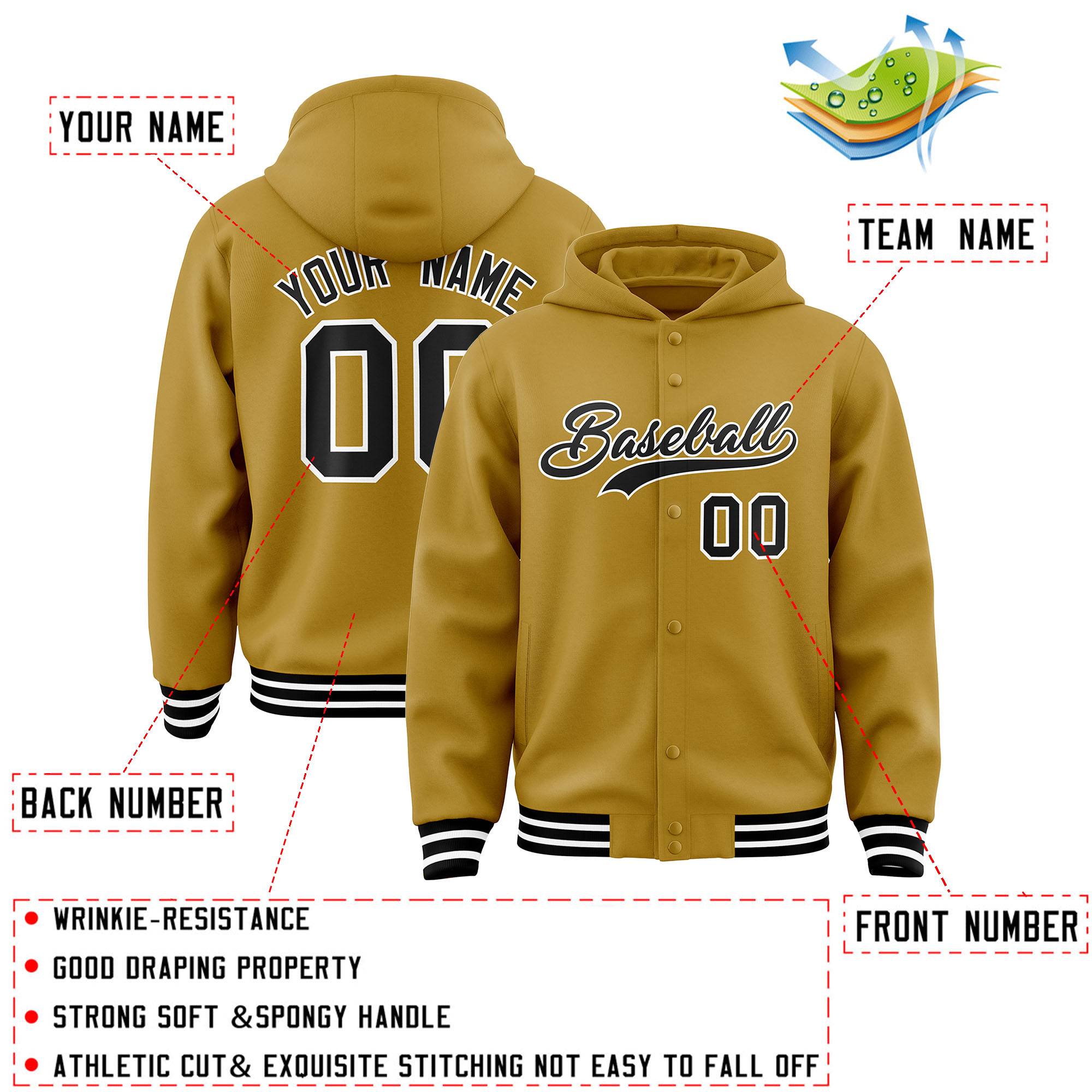 Custom Old Gold Black-White Varsity Full-Snap Letterman Classic Hoodie Jacket