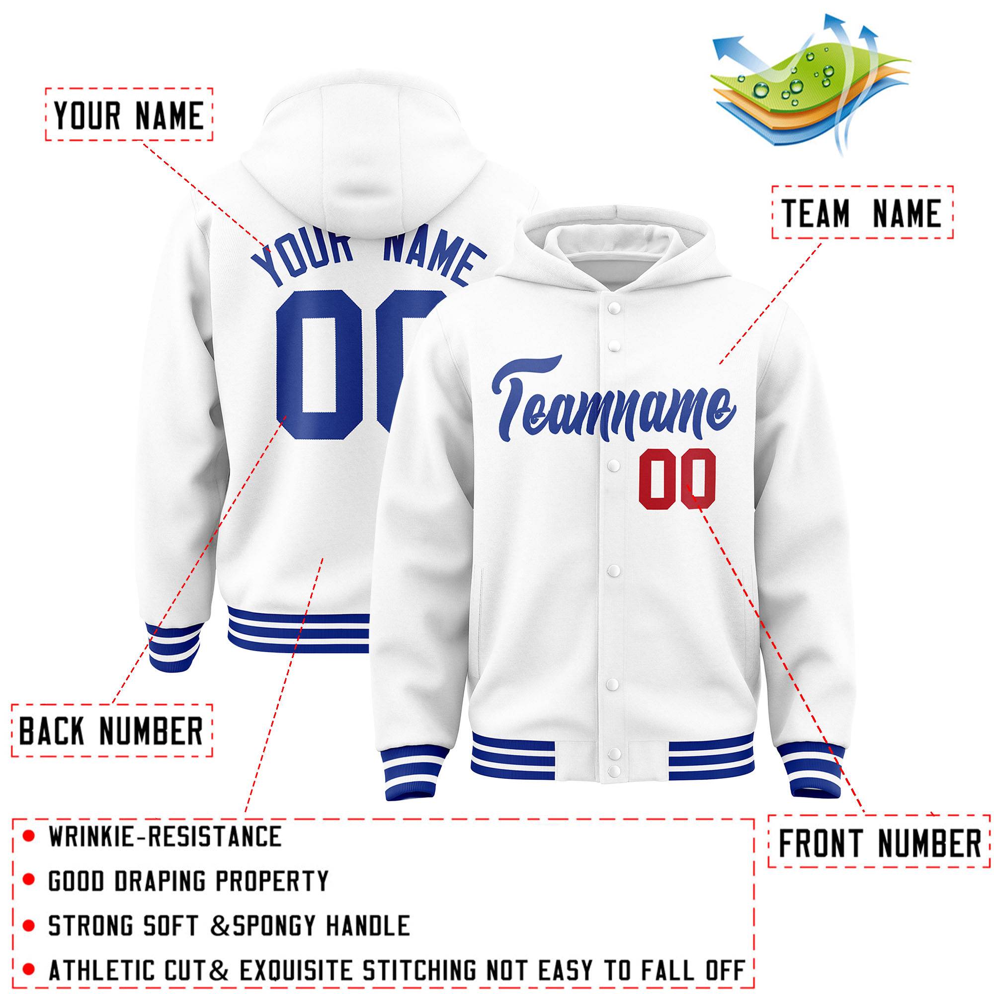 Custom White Royal Varsity Full-Snap Letterman Classic Hoodie Jacket