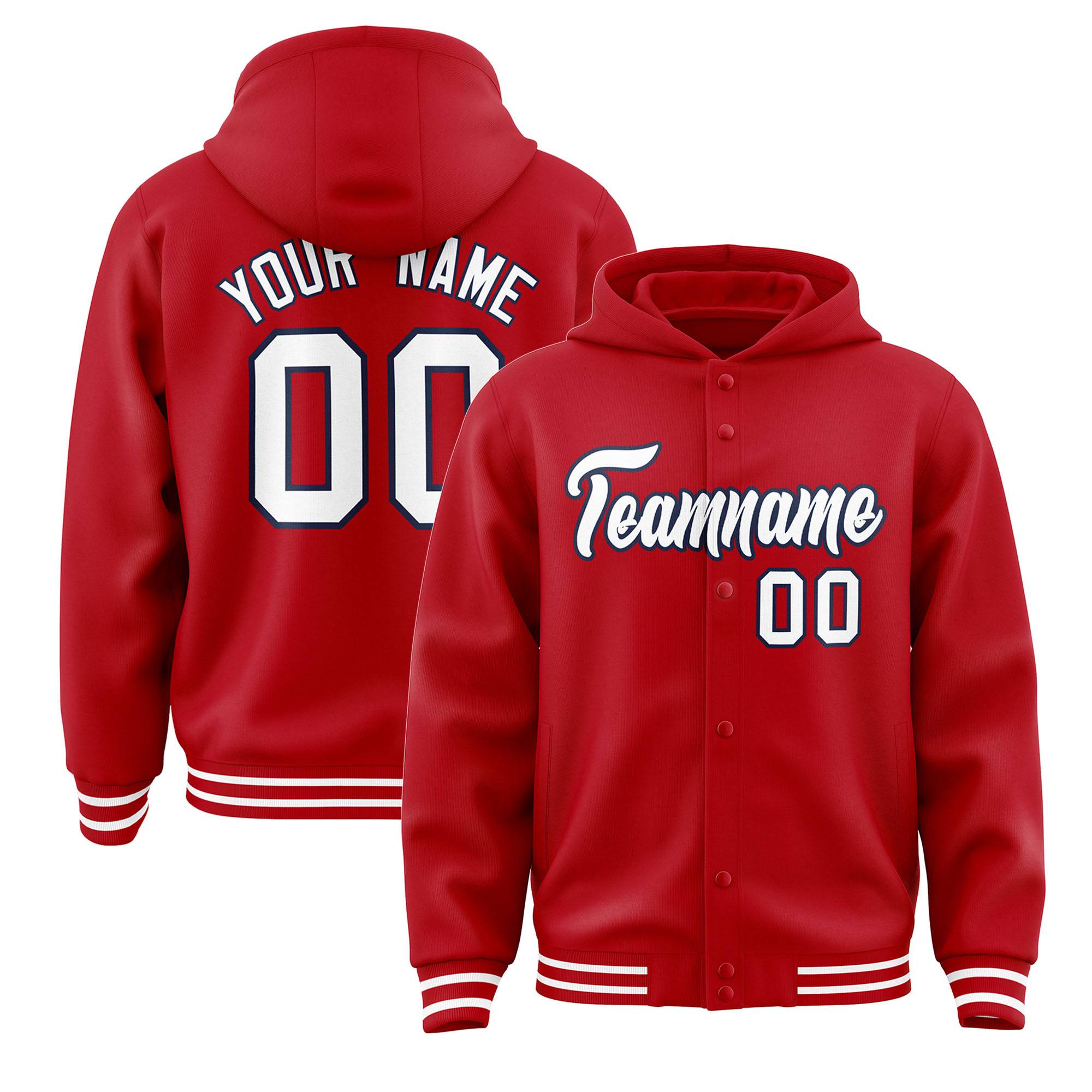 Custom Red White-Navy Varsity Full-Snap Letterman Classic Hoodie Jacket