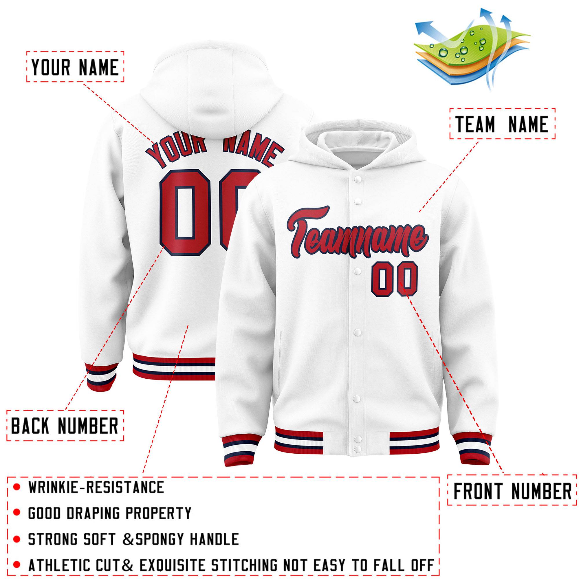 Custom White Red-Navy Varsity Full-Snap Letterman Classic Hoodie Jacket