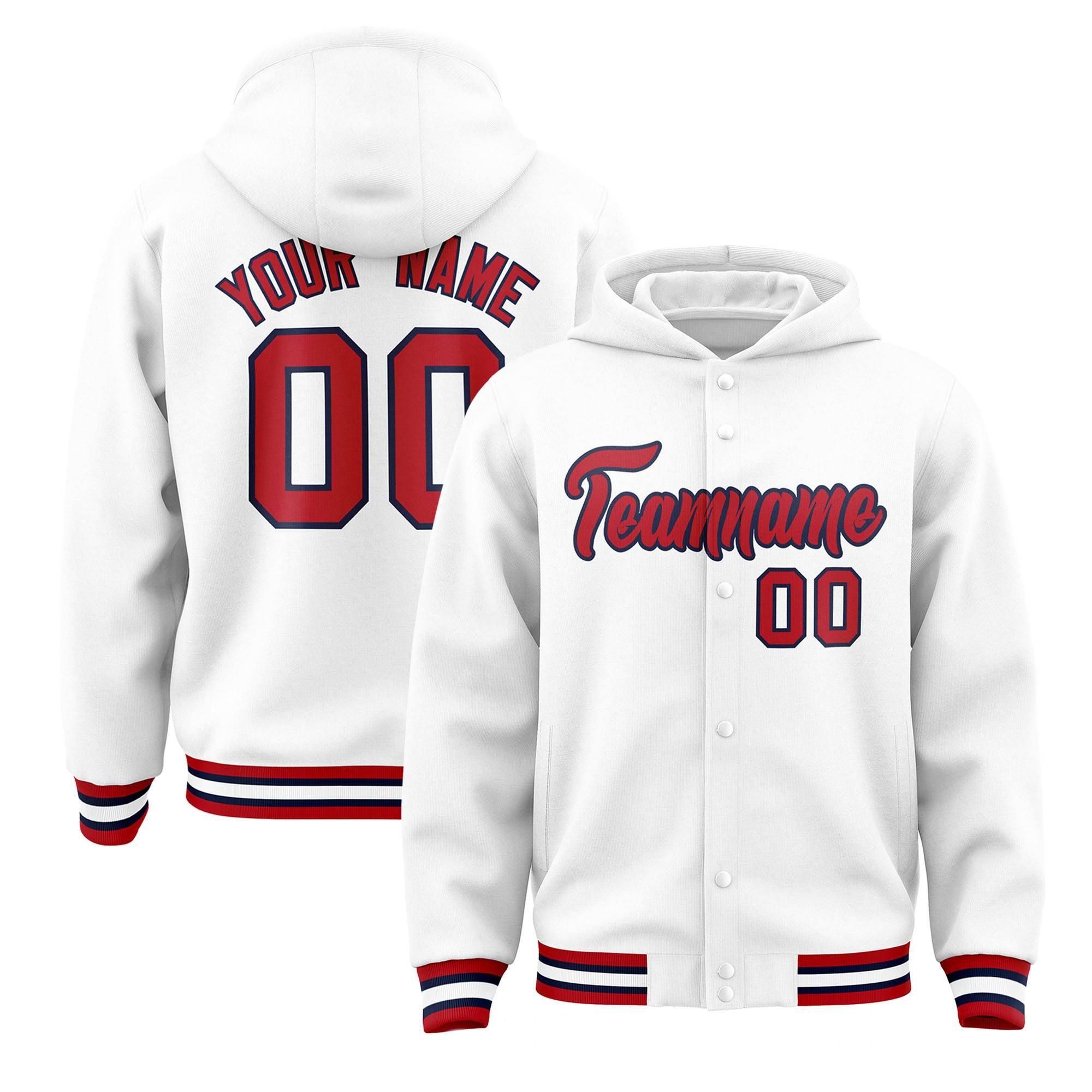 Custom White Red-Navy Varsity Full-Snap Letterman Classic Hoodie Jacket