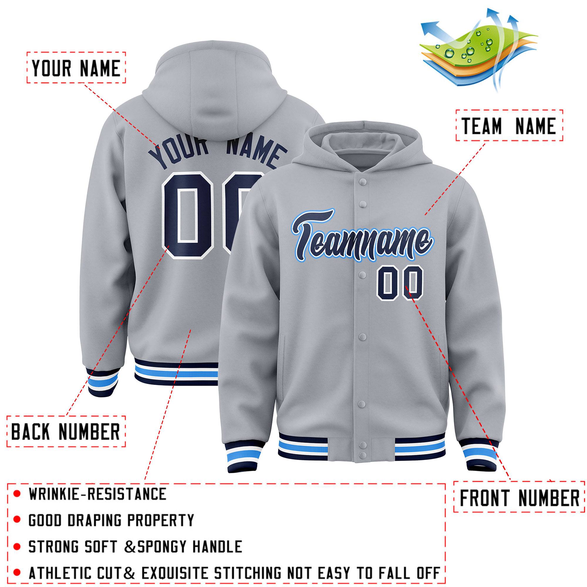 Custom Gray Navy-White Varsity Full-Snap Letterman Classic Hoodie Jacket