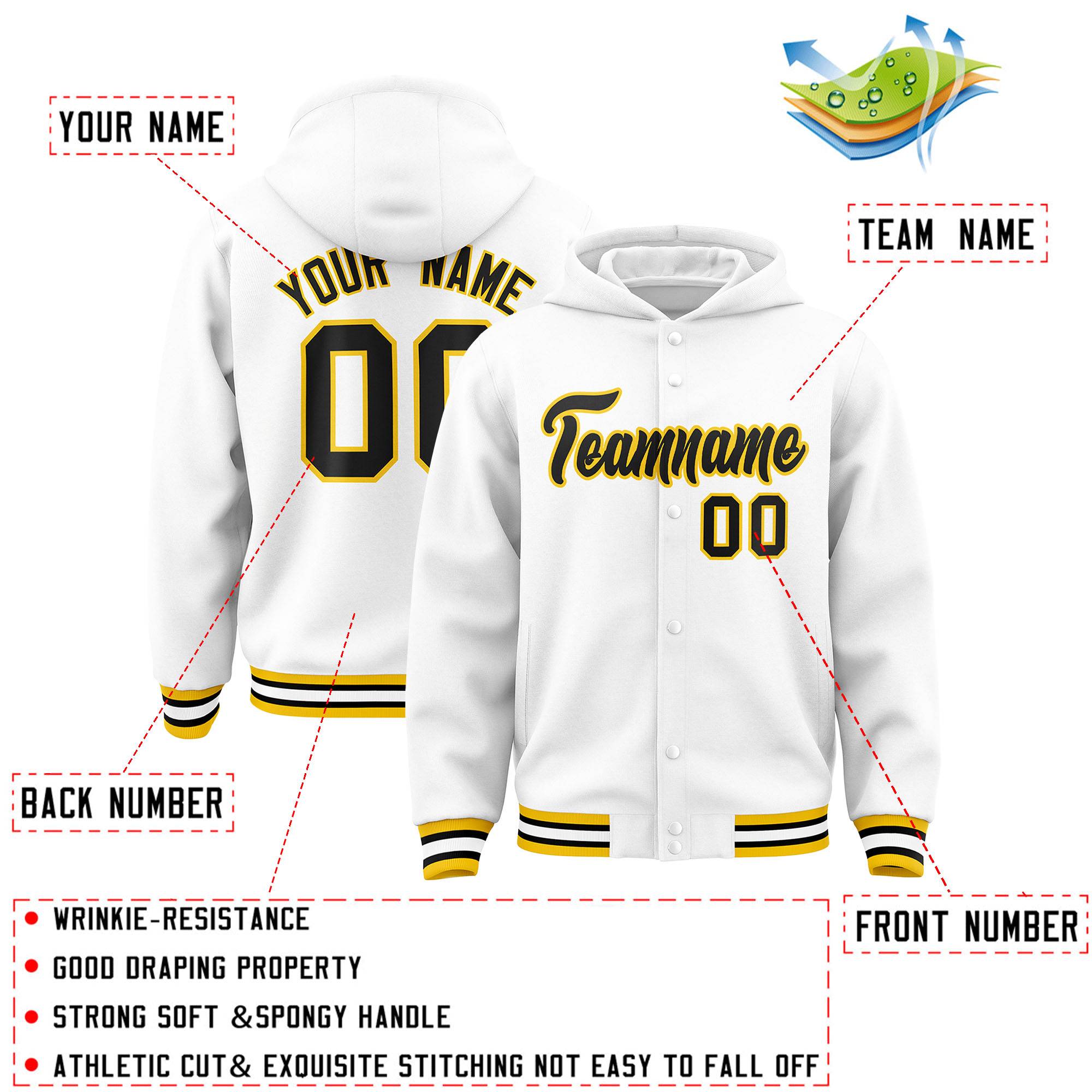 Custom White Black-Gold Varsity Full-Snap Letterman Classic Hoodie Jacket