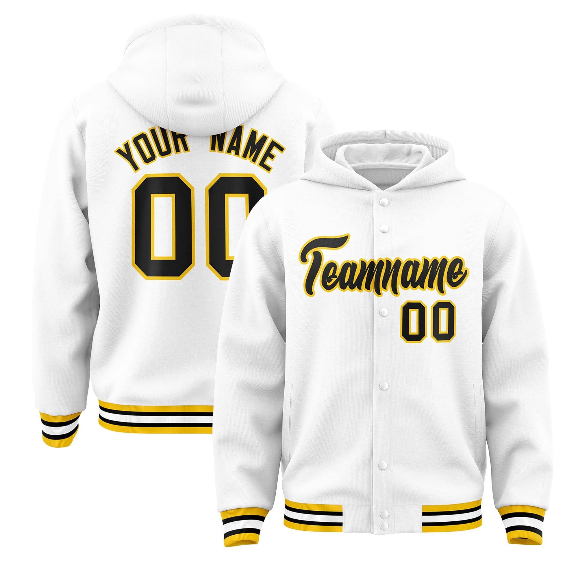 Custom White Black-Gold Varsity Full-Snap Letterman Classic Hoodie Jacket