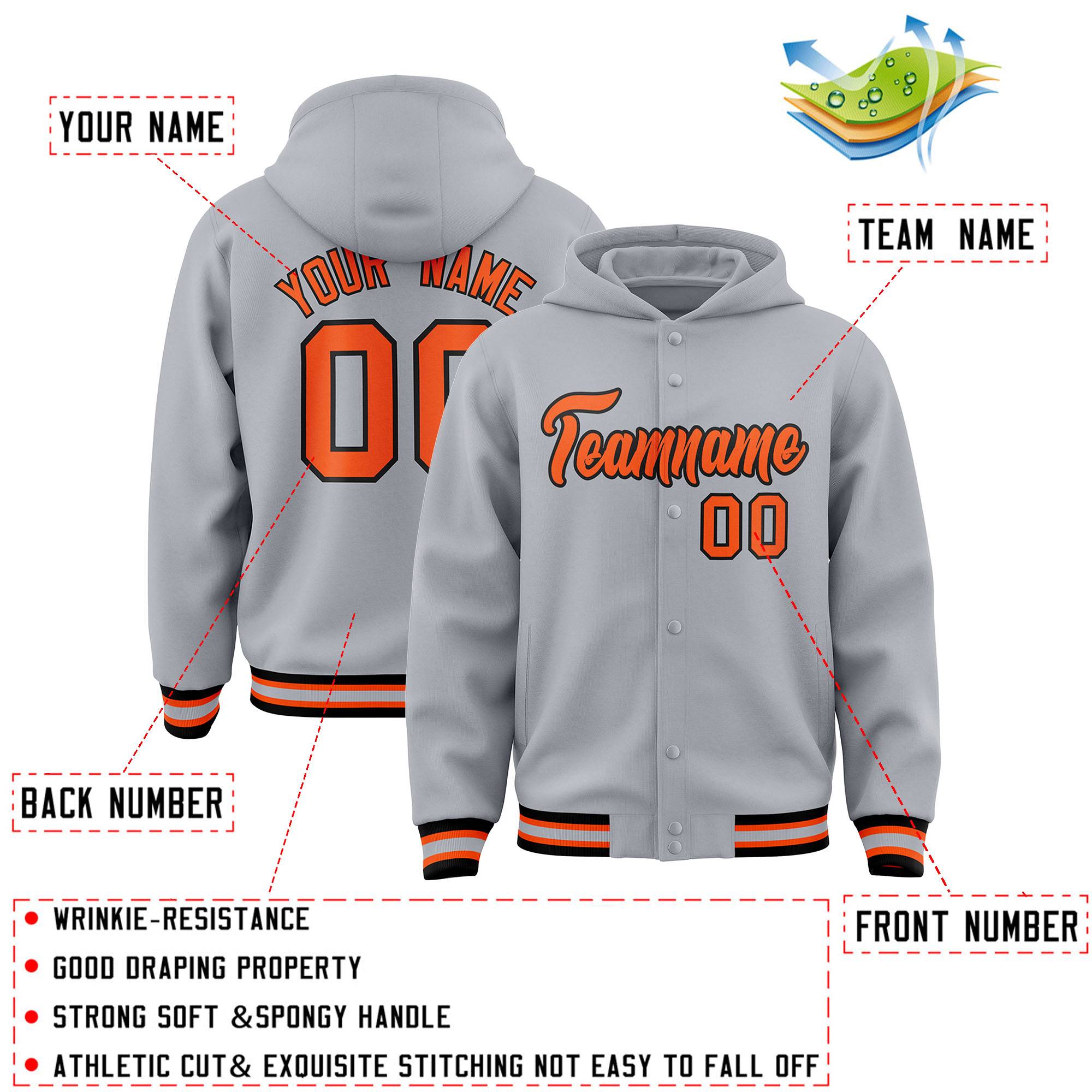 Custom Gray Orange-Black Varsity Full-Snap Letterman Classic Hoodie Jacket