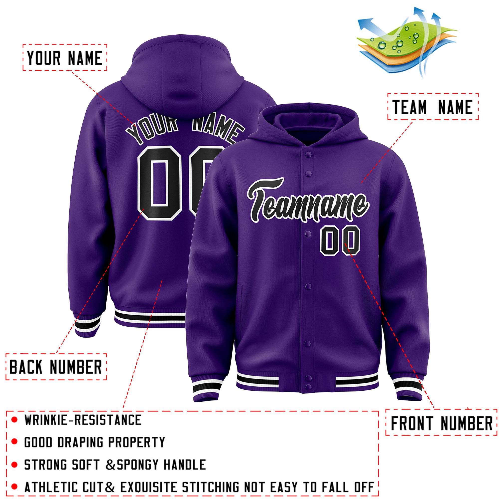 Custom Purple Black-White Varsity Full-Snap Letterman Classic Hoodie Jacket