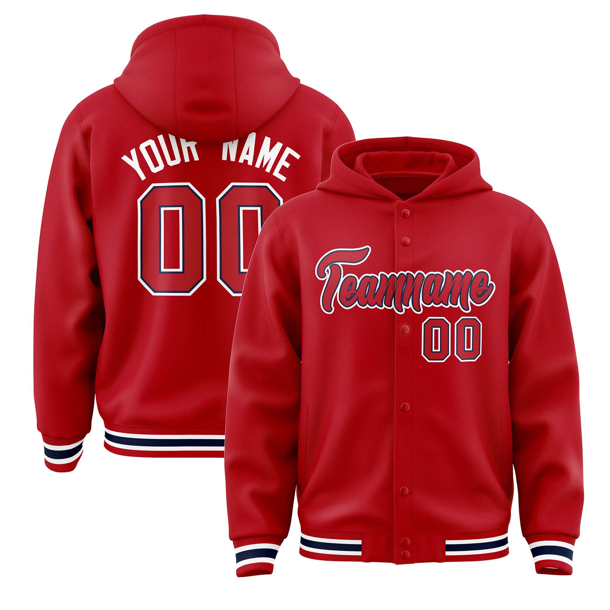 Custom Red Red-Navy Varsity Full-Snap Letterman Classic Hoodie Jacket