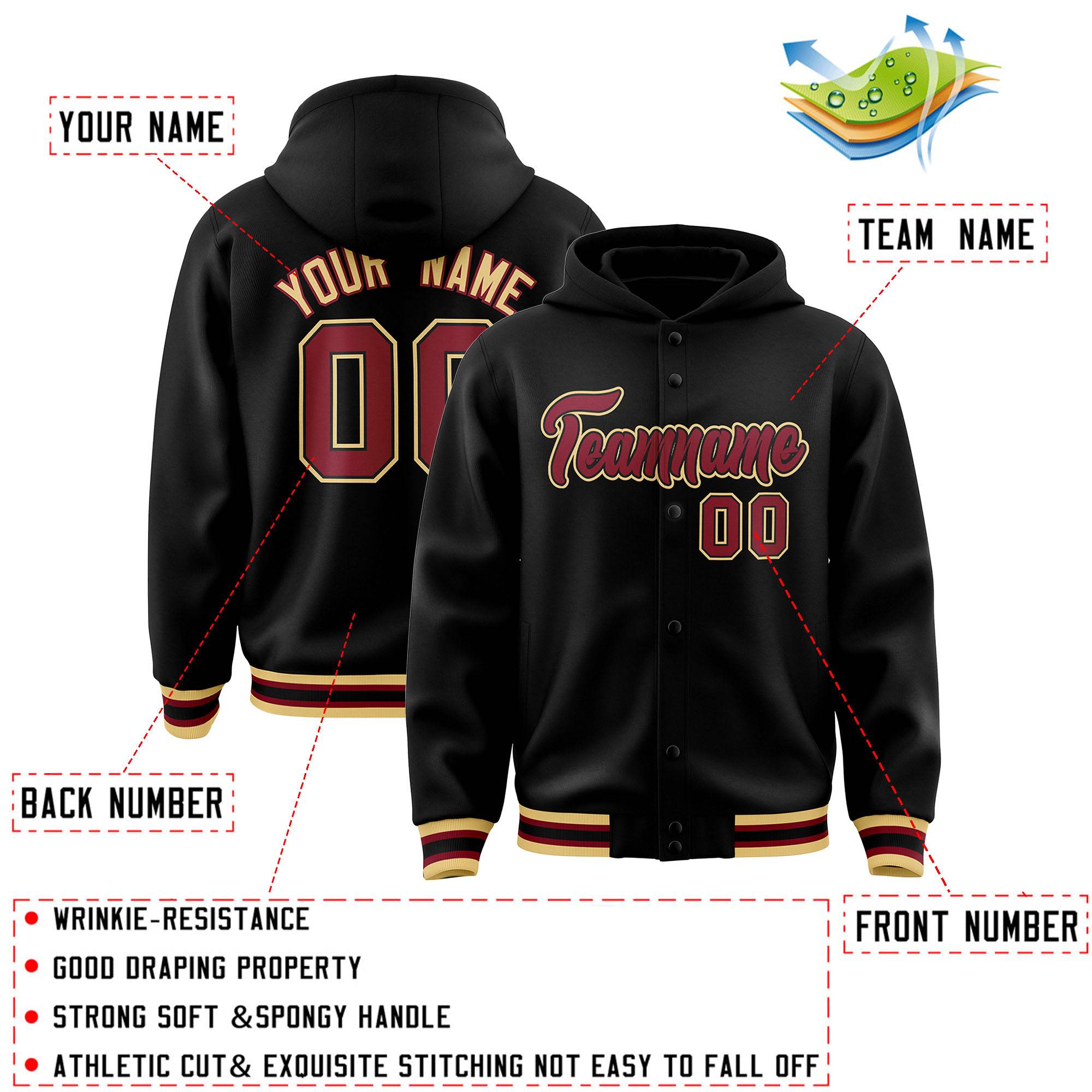 Custom Black Crimson-Black Varsity Full-Snap Letterman Classic Hoodie Jacket