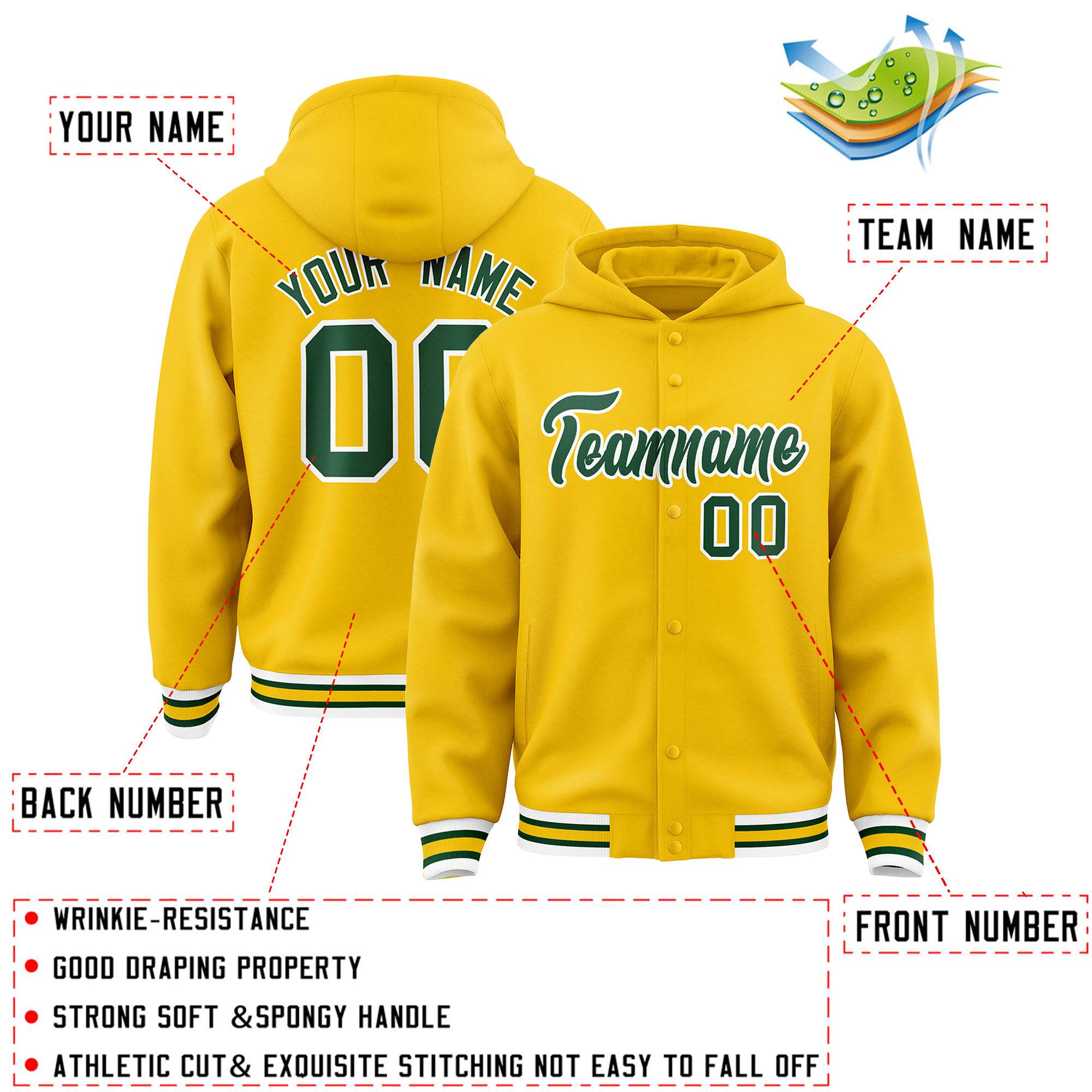 Custom Gold Green-White Varsity Full-Snap Letterman Classic Hoodie Jacket