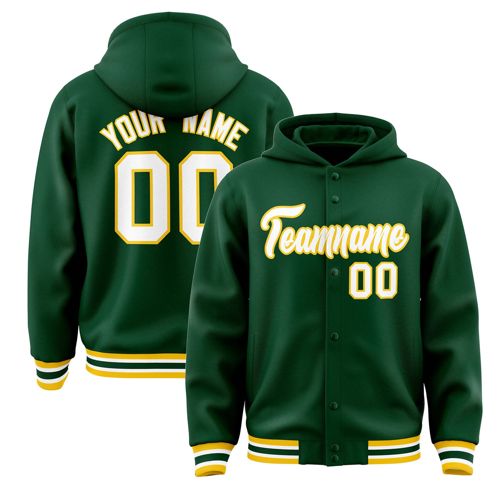 Custom Green White-Gold Varsity Full-Snap Letterman Classic Hoodie Jacket