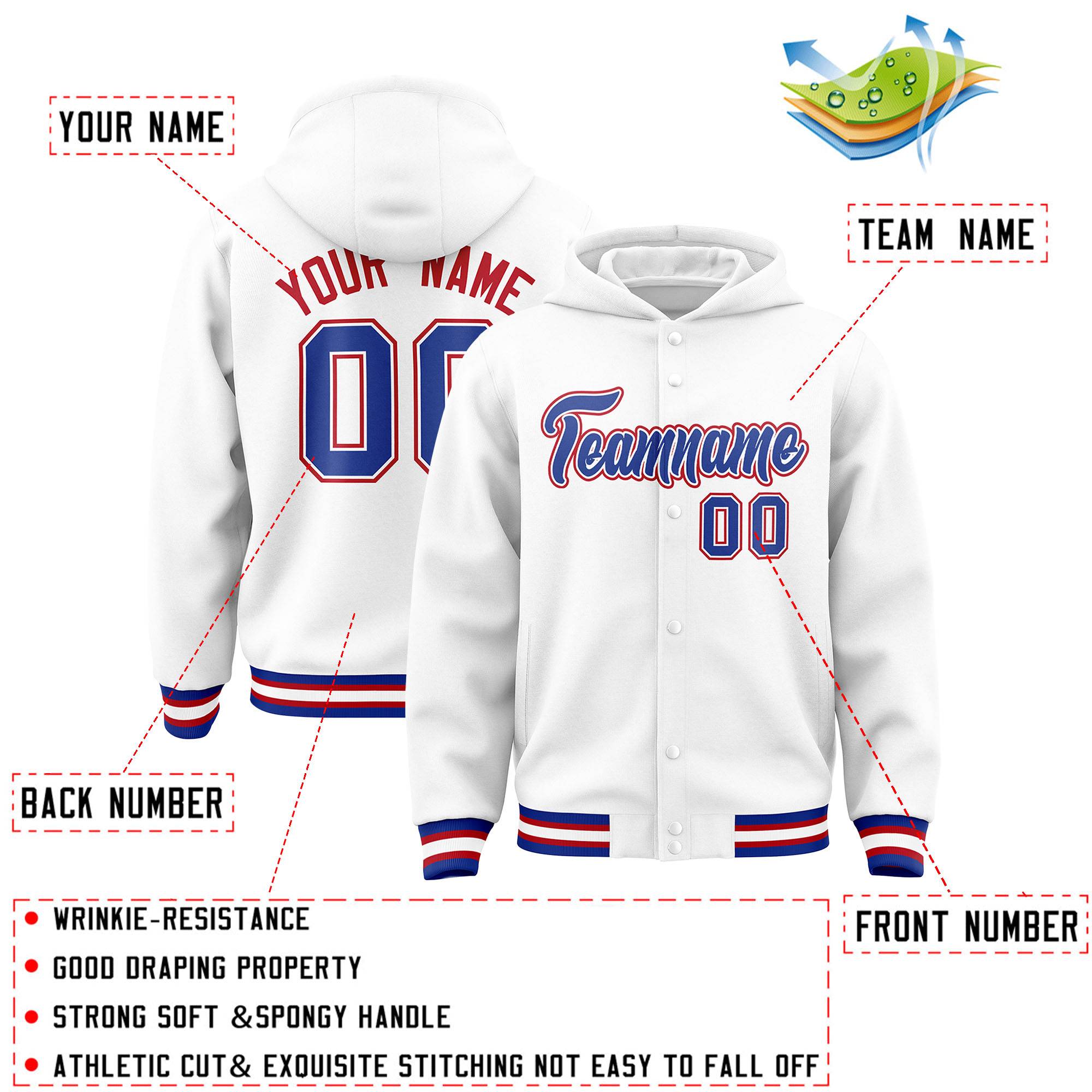 Custom White Royal-White Varsity Full-Snap Letterman Classic Hoodie Jacket