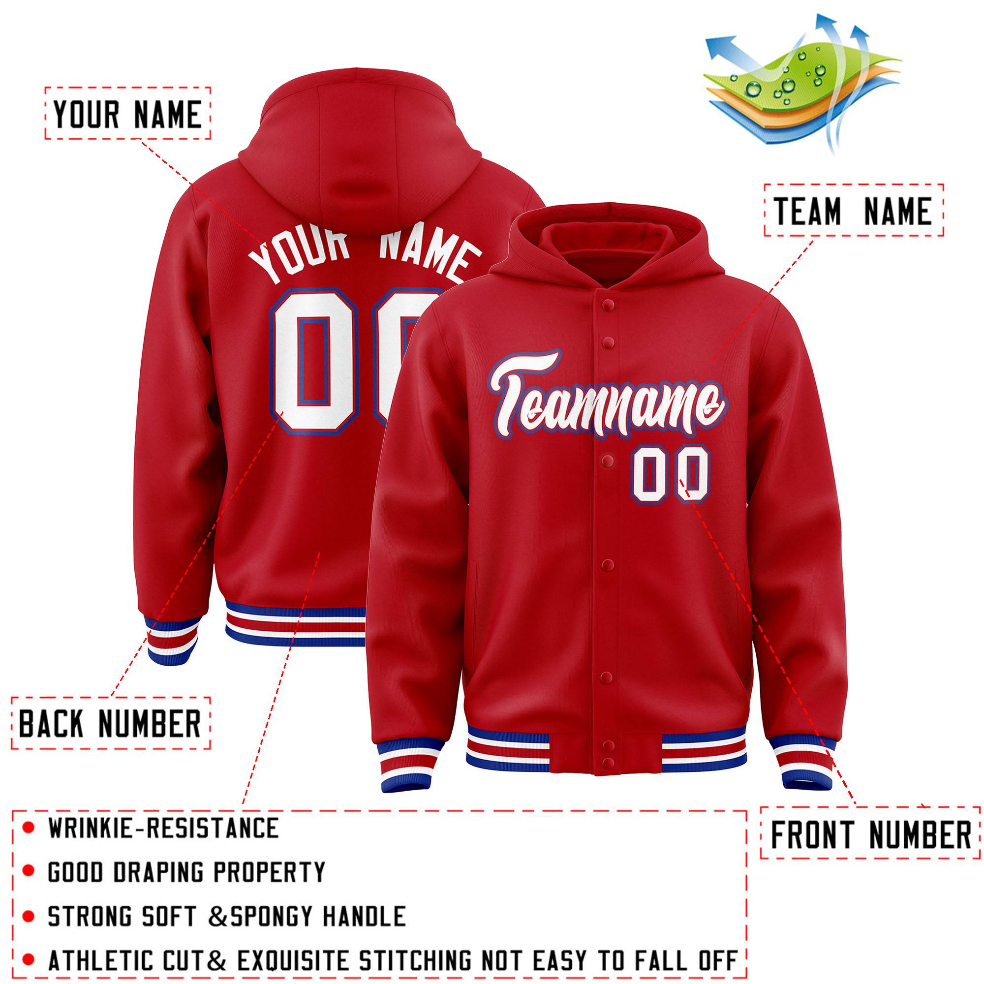 Custom Red White-Red Varsity Full-Snap Letterman Classic Hoodie Jacket