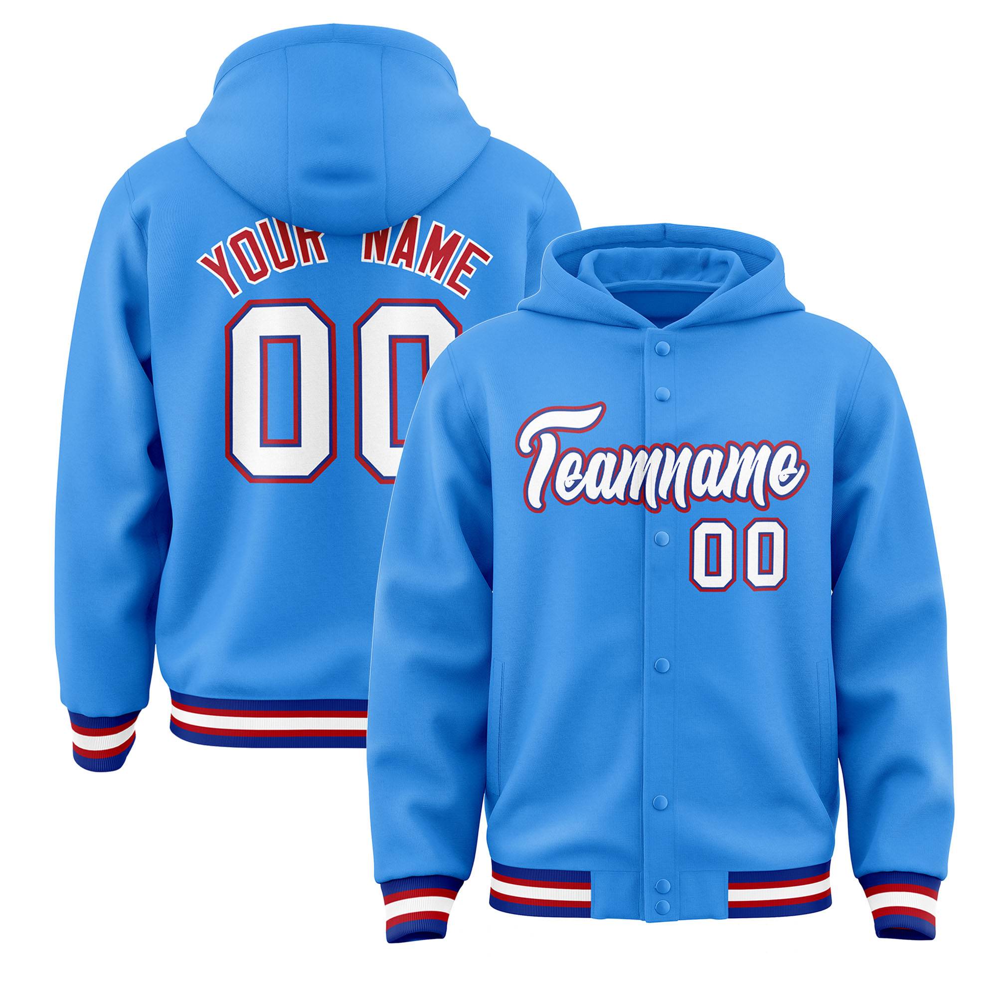 Custom Powder Blue White-Royal Varsity Full-Snap Letterman Classic Hoodie Jacket