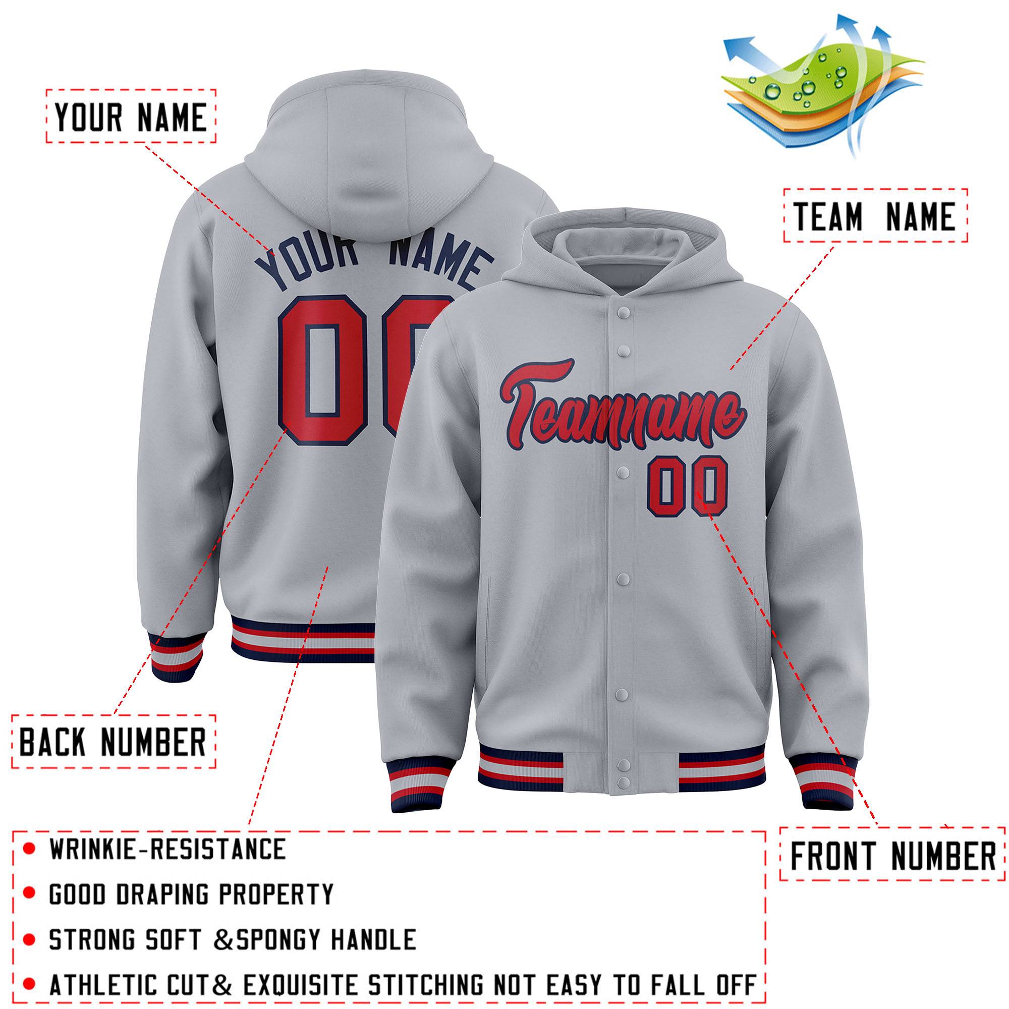 Custom Gray Red-Navy Varsity Full-Snap Letterman Classic Hoodie Jacket