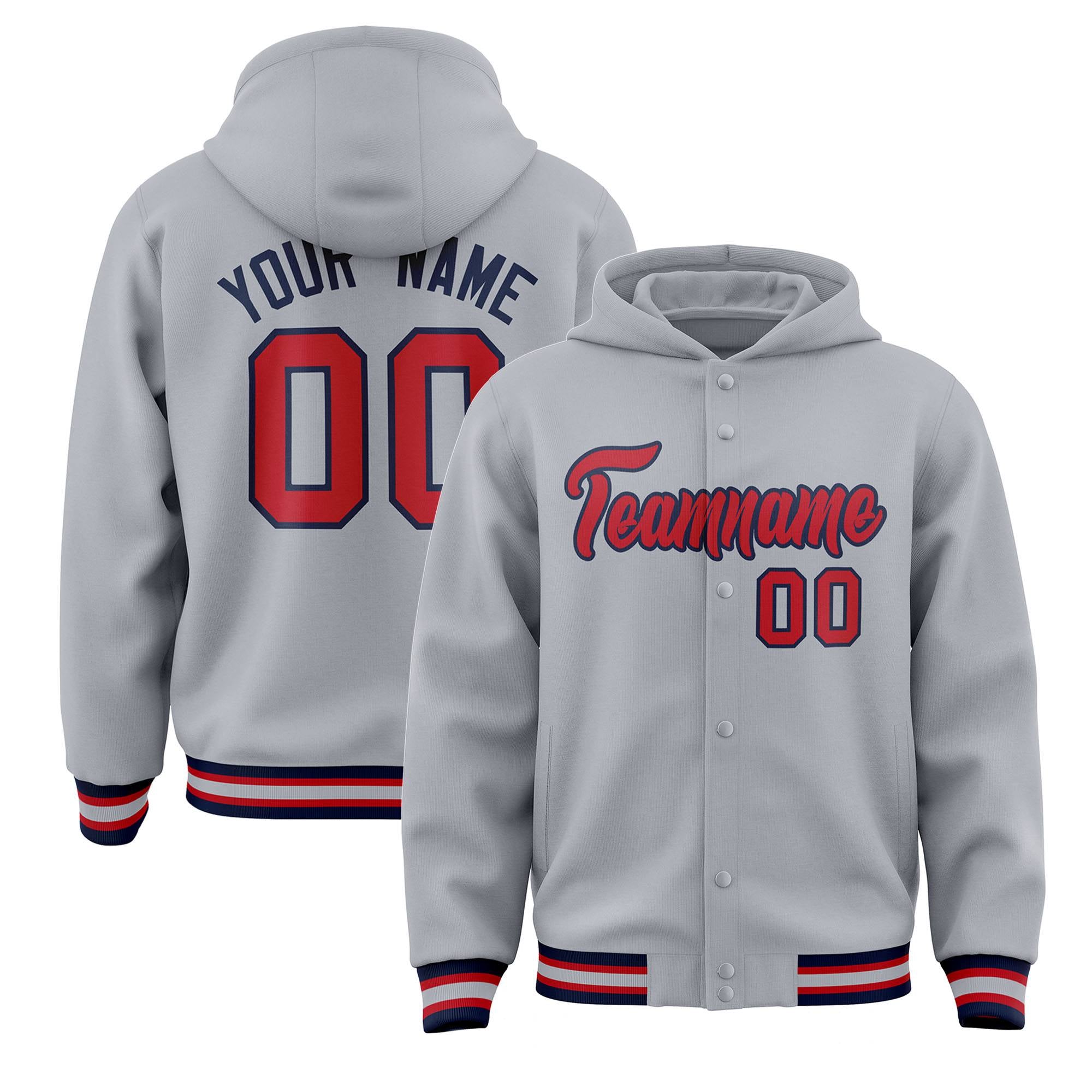 Custom Gray Red-Navy Varsity Full-Snap Letterman Classic Hoodie Jacket