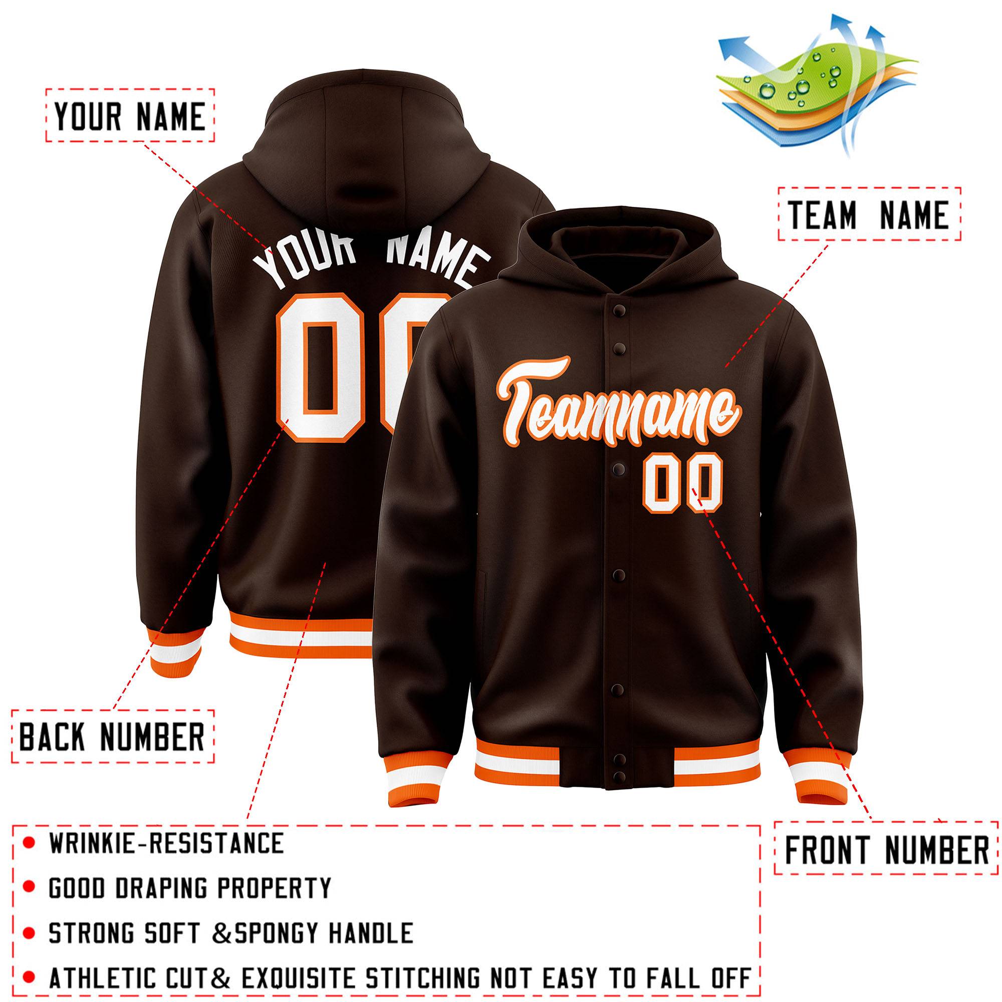 Custom Brown White-Orange Varsity Full-Snap Letterman Classic Hoodie Jacket