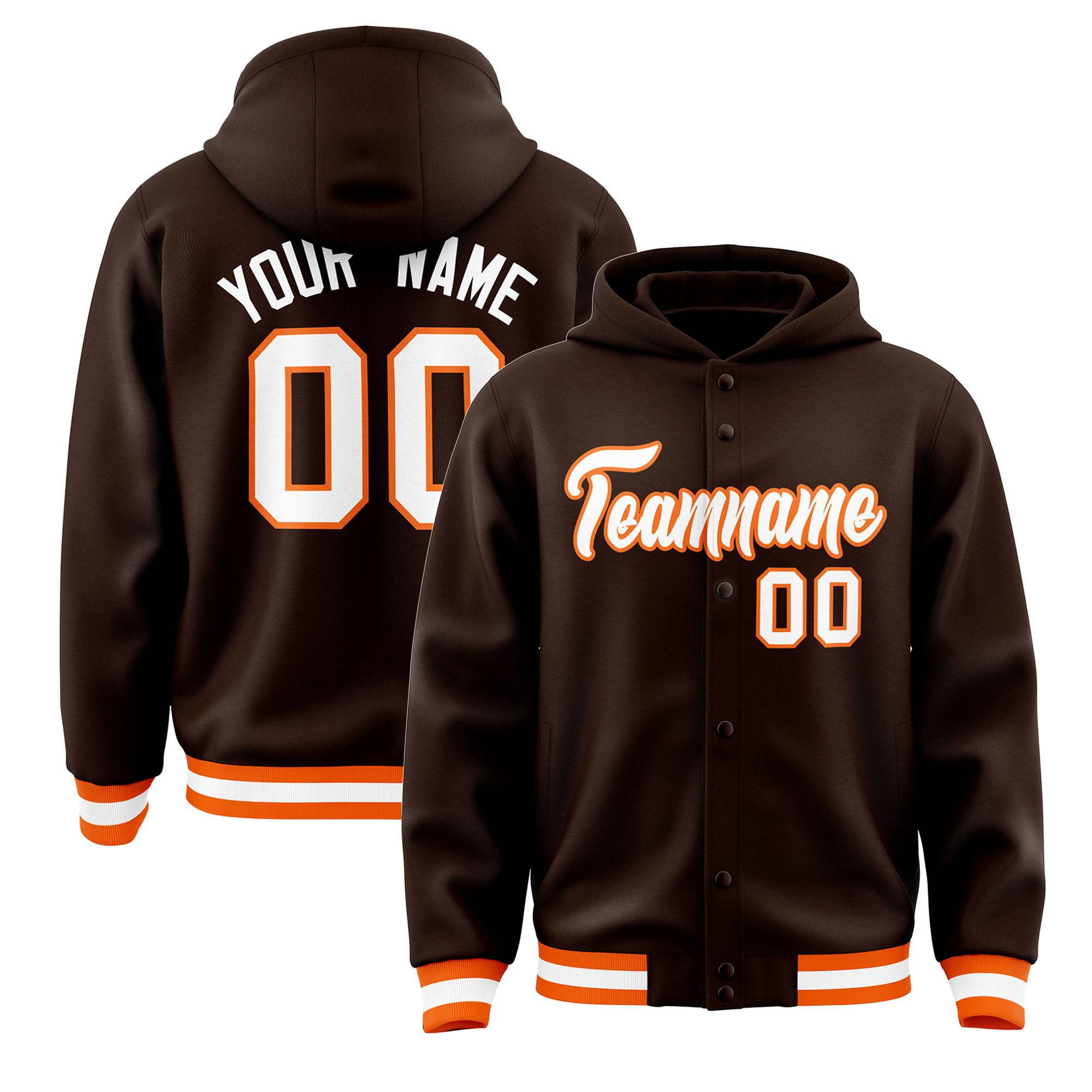 Custom Brown White-Orange Varsity Full-Snap Letterman Classic Hoodie Jacket