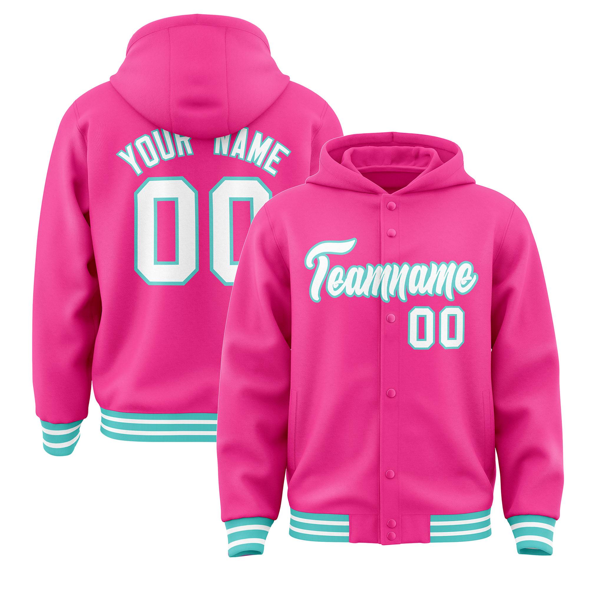 Custom Pink White-Bright Green Varsity Full-Snap Letterman Classic Hoodie Jacket