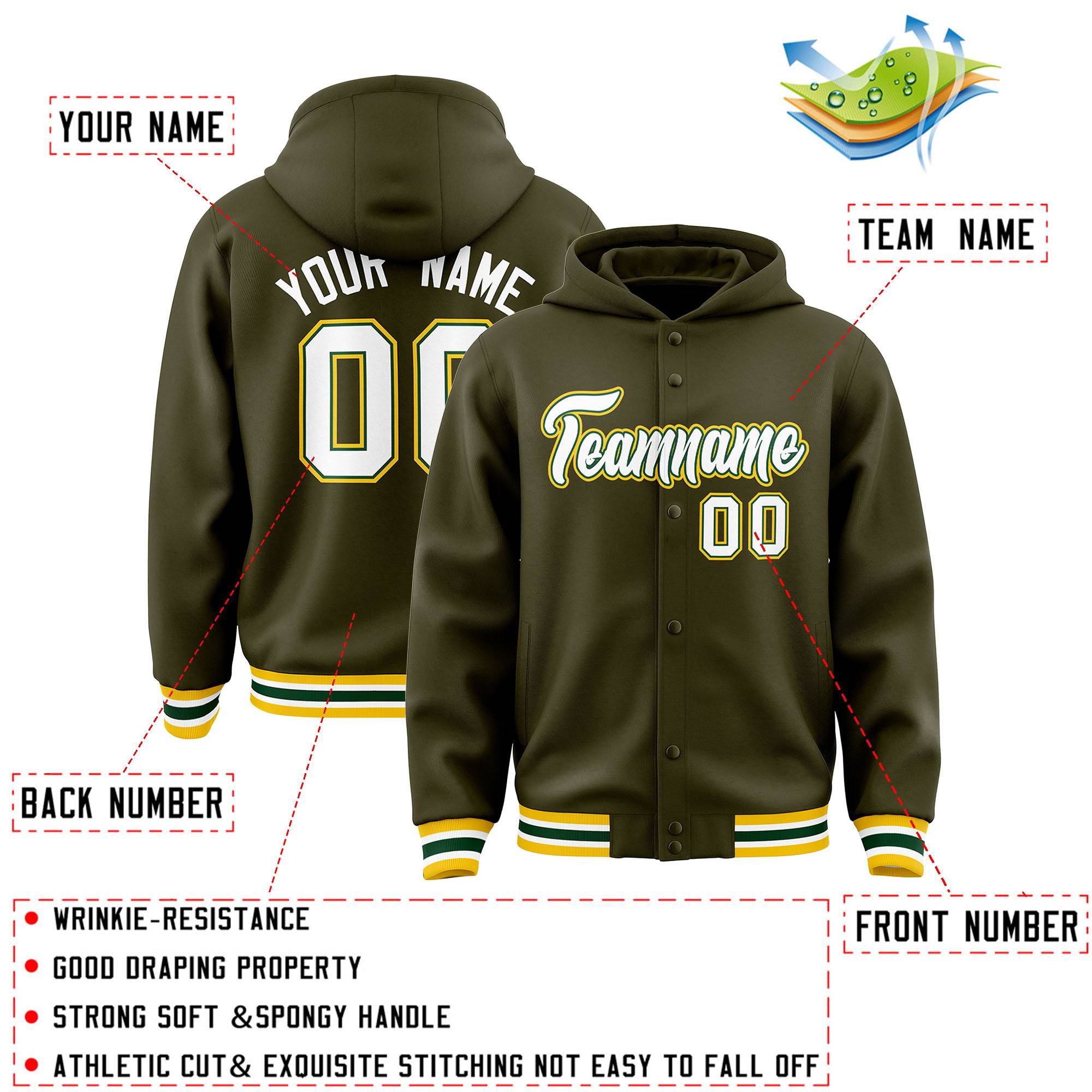 Custom Olive White-Green Varsity Full-Snap Letterman Classic Hoodie Jacket