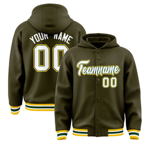 Custom Olive White-Green Varsity Full-Snap Letterman Classic Hoodie Jacket