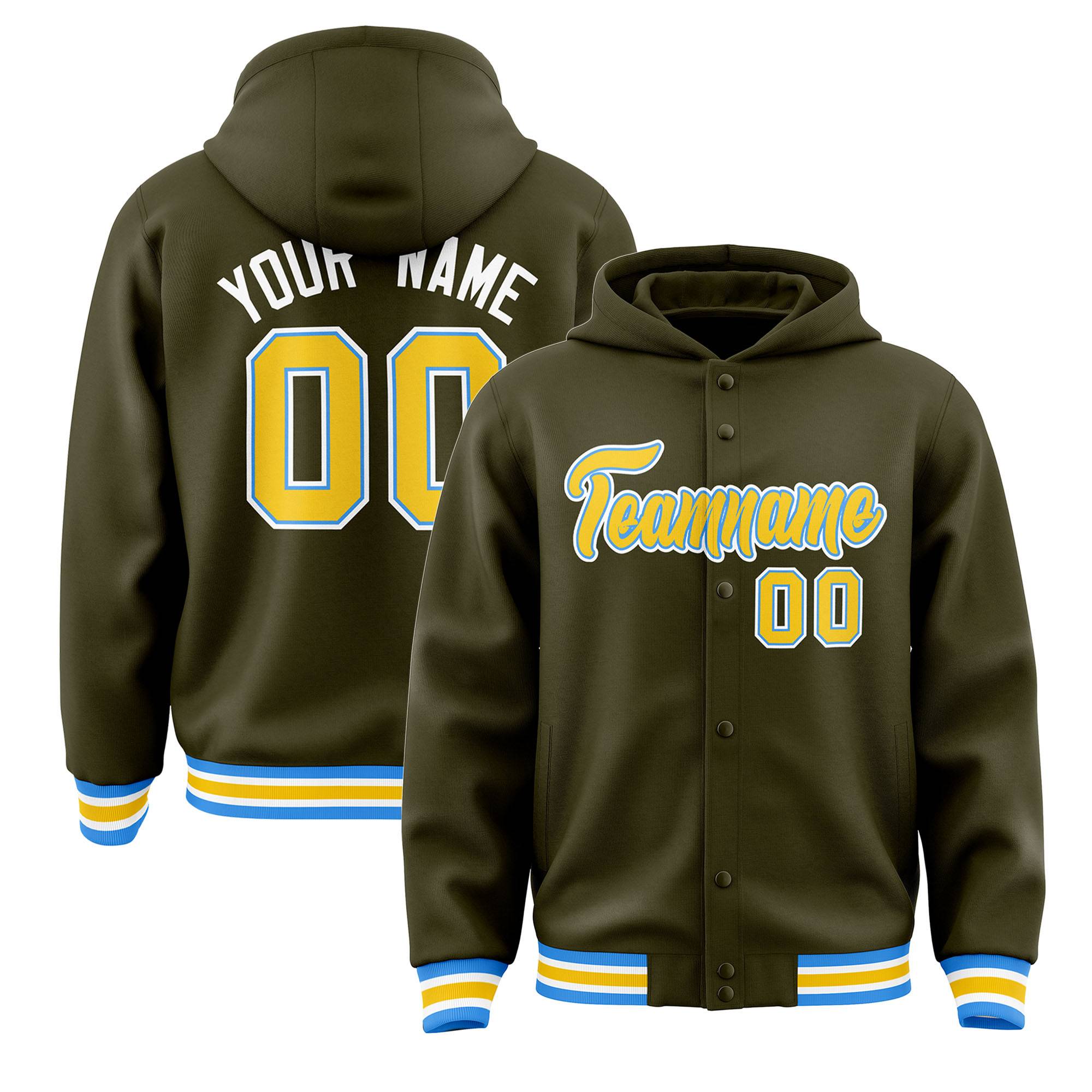 Custom Olive Gold-Powder Blue Varsity Full-Snap Letterman Classic Hoodie Jacket