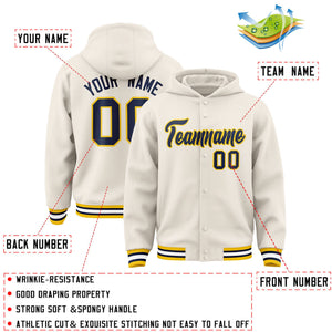 Custom Cream Navy-Gold Varsity Full-Snap Letterman Classic Hoodie Jacket